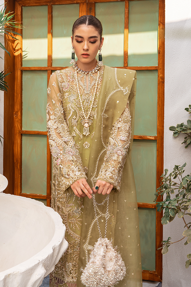 Sage Green Hand-Embellished Net Kurta Set (3-Piece) - Image 4