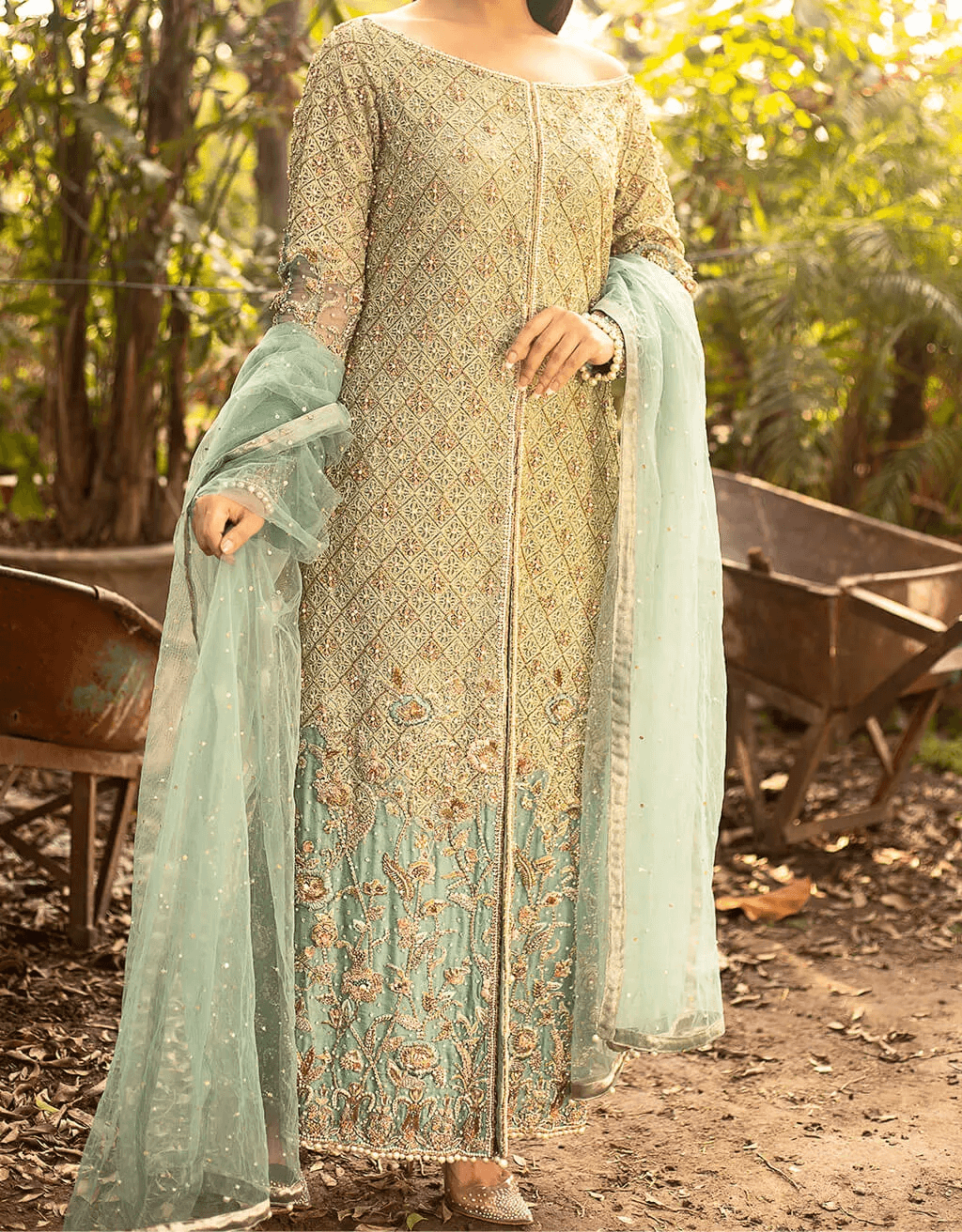 Pakistani Sage Green Embellished Net Salwar Kameez (2-Piece) - Image 2