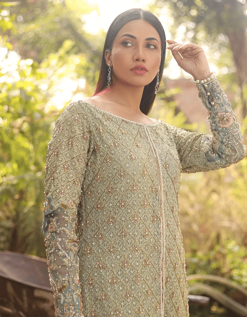 Pakistani Sage Green Embellished Net Salwar Kameez (2-Piece) - Image 3