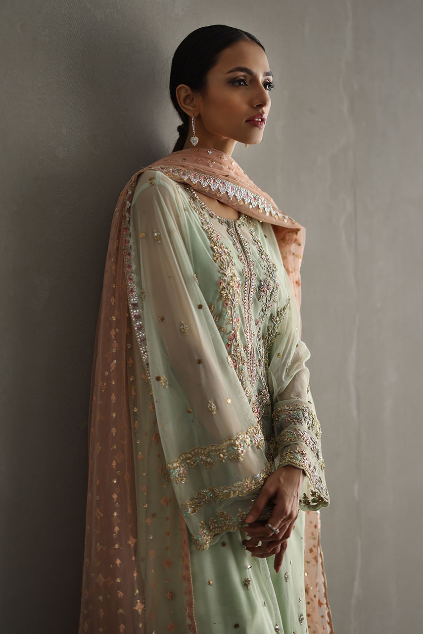 Pakistani Mint Zardozi Net Salwar Kameez (3-Piece) - Image 2