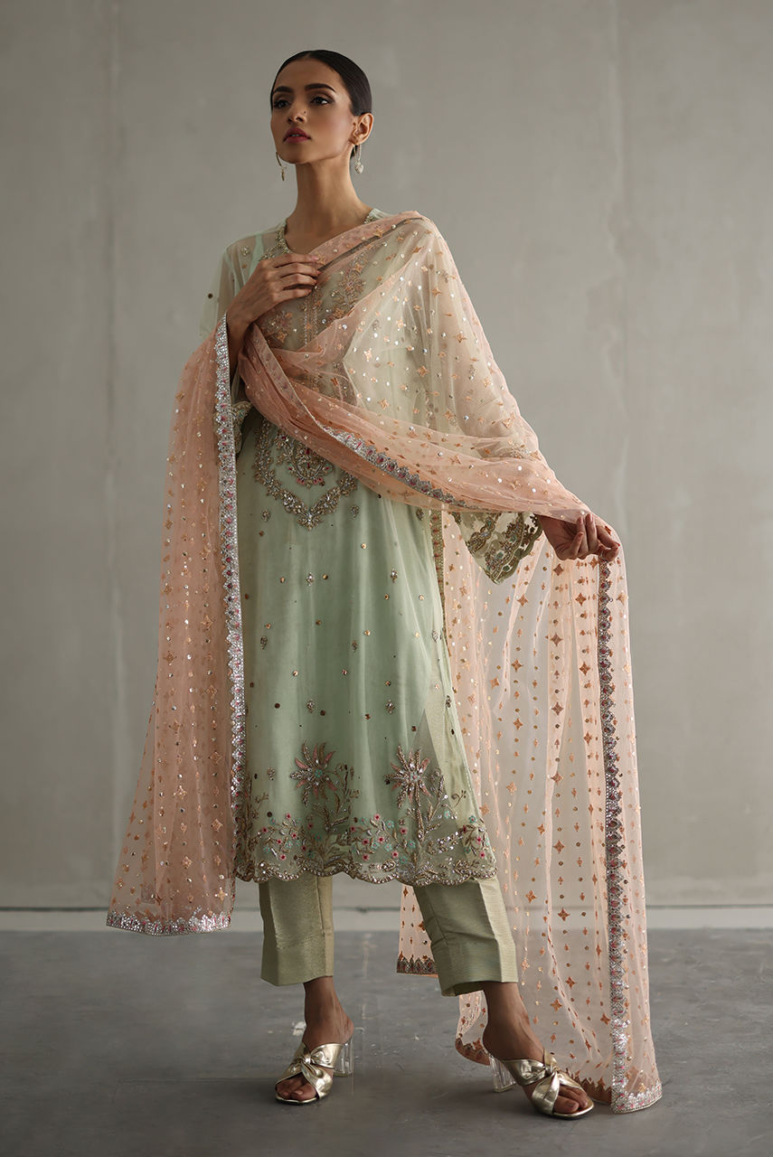 Pakistani Mint Zardozi Net Salwar Kameez (3-Piece) - Image 3
