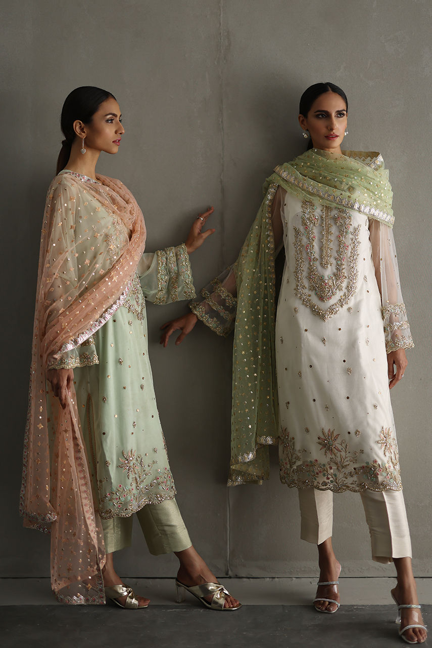 Pakistani Mint Zardozi Net Salwar Kameez (3-Piece) - Image 4