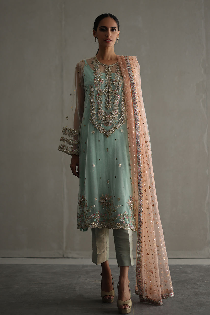 Pakistani Mint Embroidered Net Long Shirt (3-Piece) - Image 1