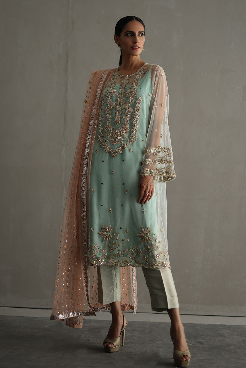Pakistani Mint Embroidered Net Long Shirt (3-Piece) - Image 2