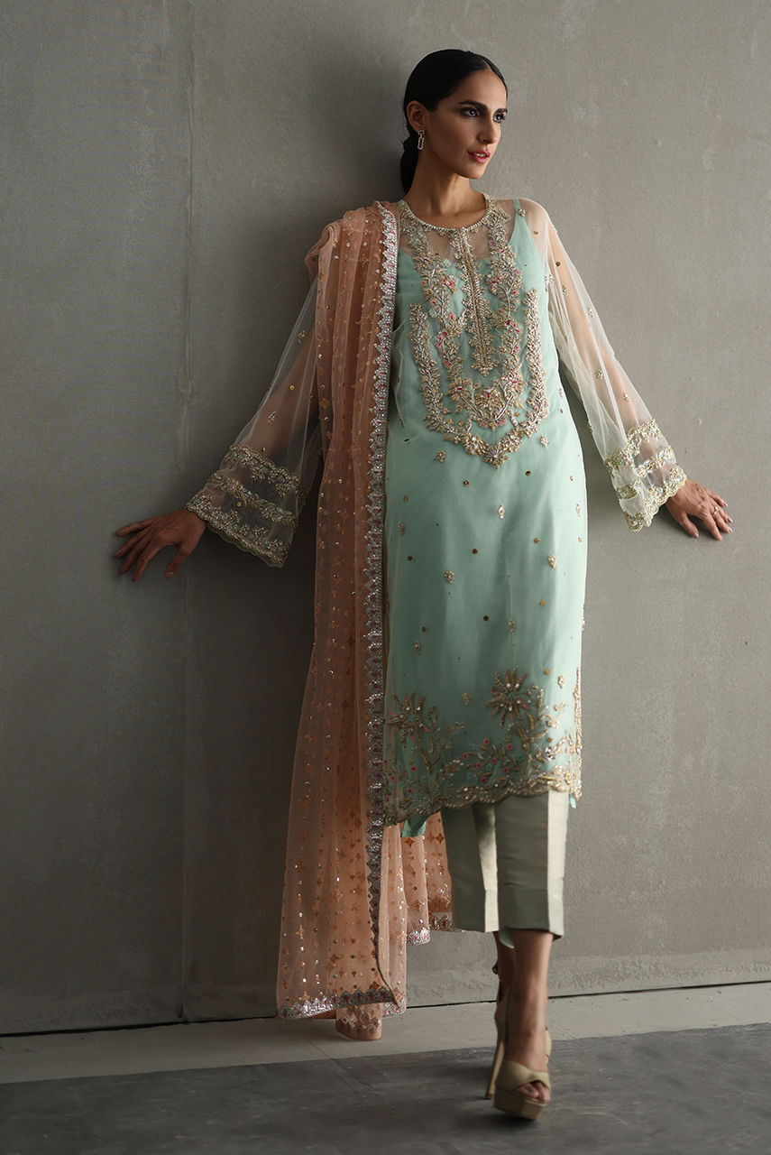 Pakistani Mint Embroidered Net Long Shirt (3-Piece) - Image 3