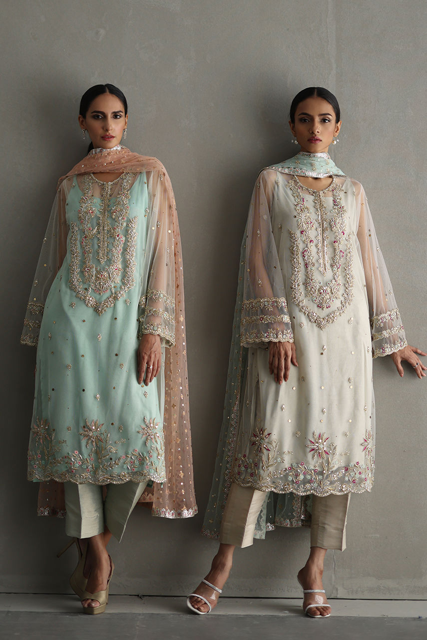 Pakistani Mint Embroidered Net Long Shirt (3-Piece) - Image 4
