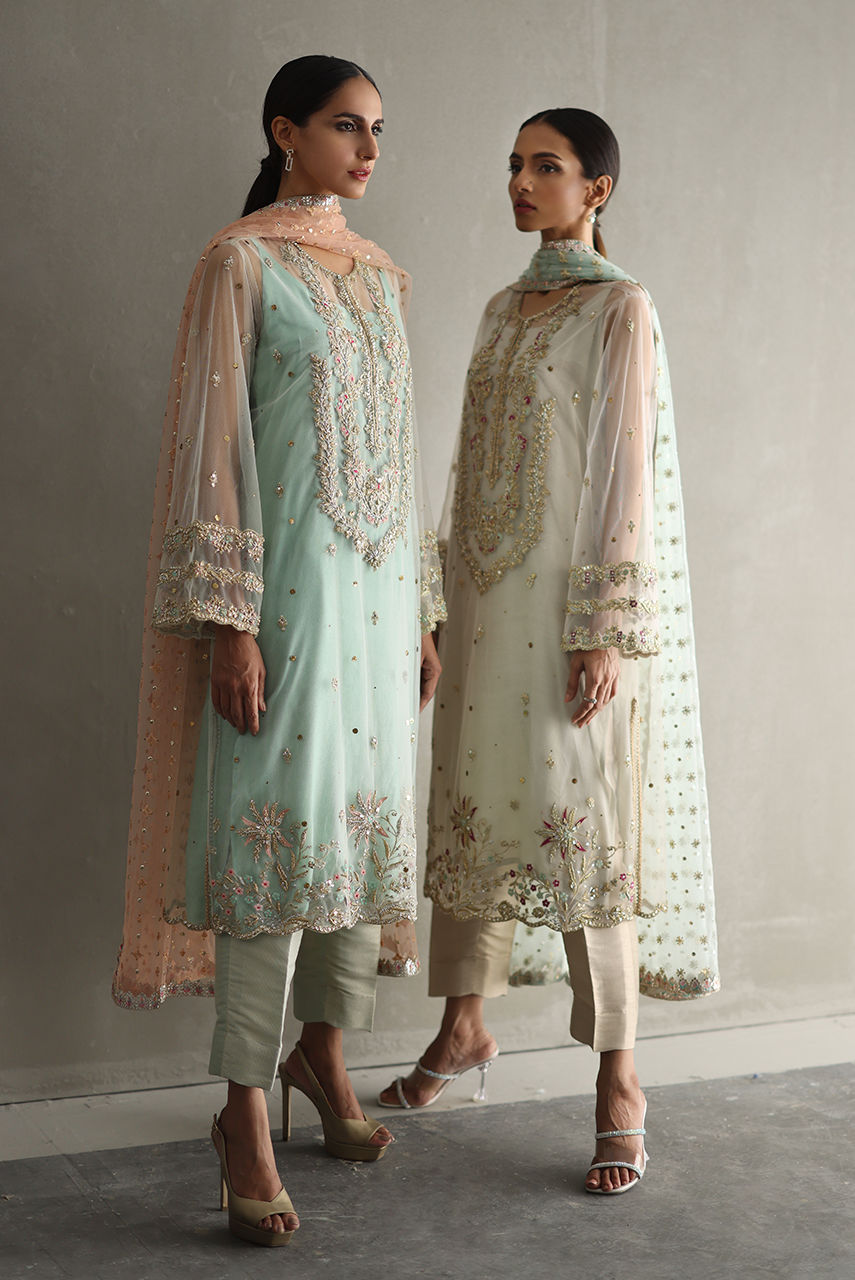 Pakistani Mint Embroidered Net Long Shirt (3-Piece) - Image 5