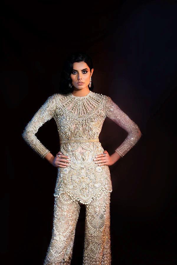 Pakistani Green Zardozi Net Silk-Blend Bridal Trouser Set (2-Piece) - Image 1