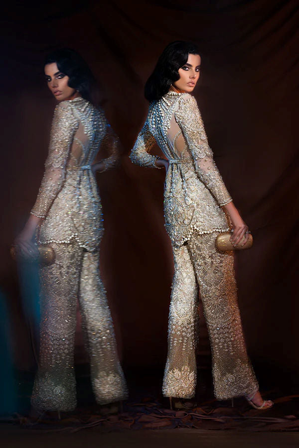 Pakistani Green Zardozi Net Silk-Blend Bridal Trouser Set (2-Piece) - Image 4