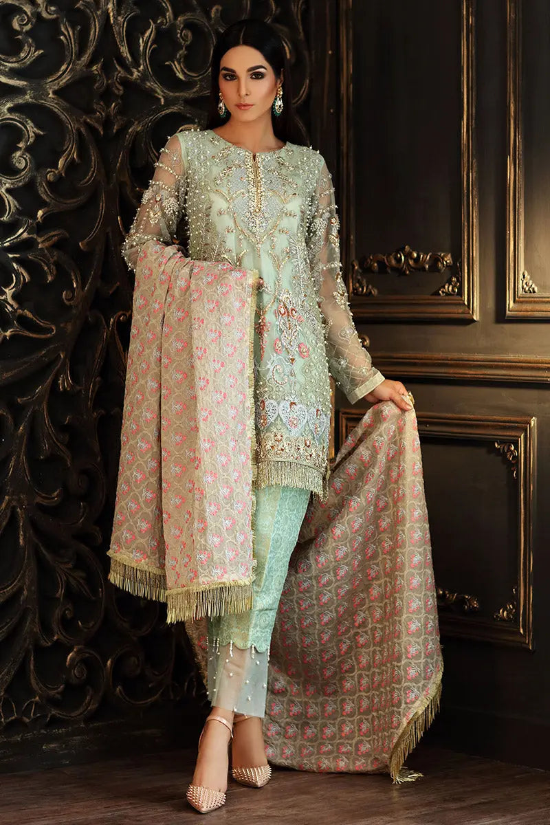 Pakistani Sea Green Zardozi Net Salwar Kameez (3-Piece) - Image 1