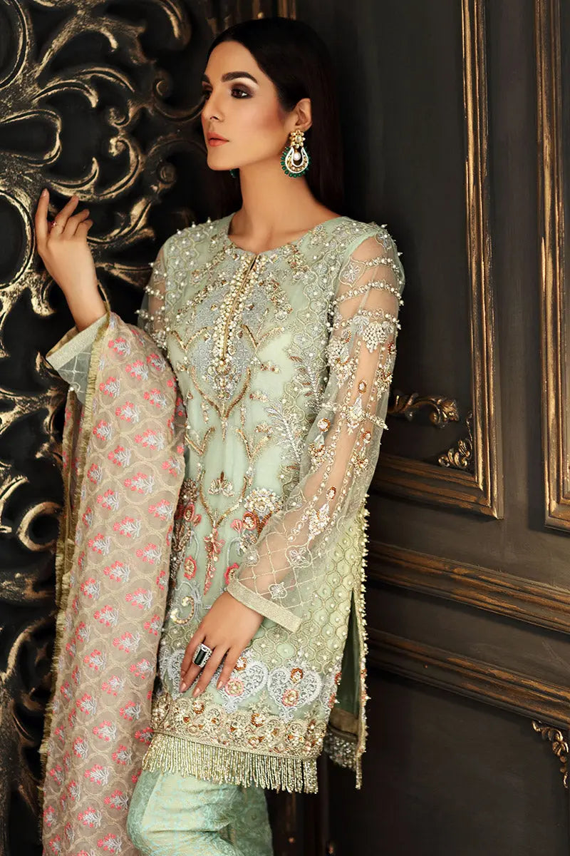 Pakistani Sea Green Zardozi Net Salwar Kameez (3-Piece) - Image 2