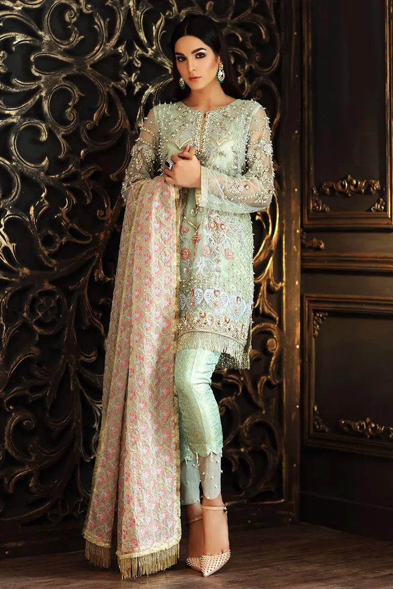 Pakistani Sea Green Zardozi Net Salwar Kameez (3-Piece) - Image 3
