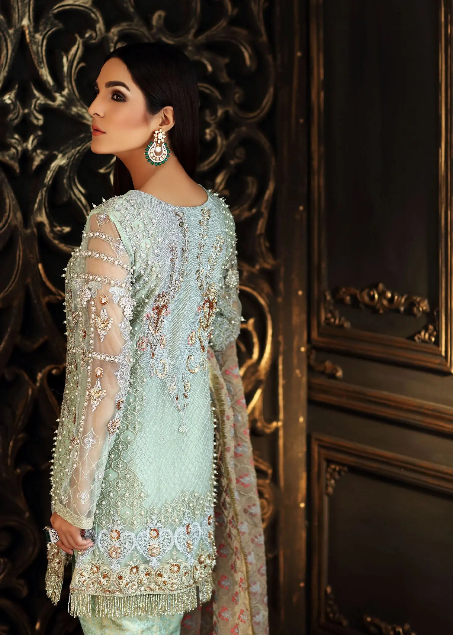 Pakistani Sea Green Zardozi Net Salwar Kameez (3-Piece) - Image 4