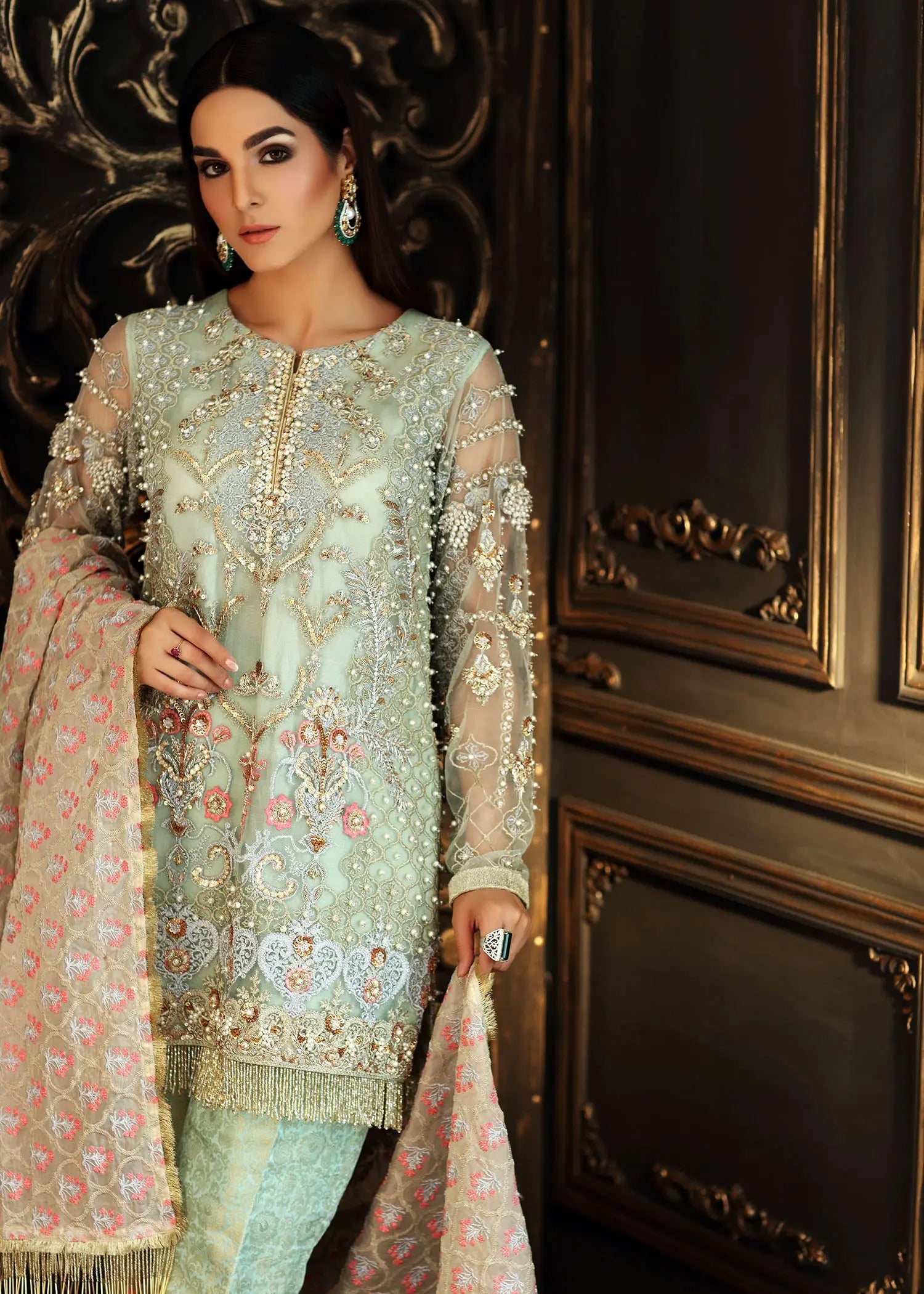 Pakistani Sea Green Zardozi Net Salwar Kameez (3-Piece) - Image 6