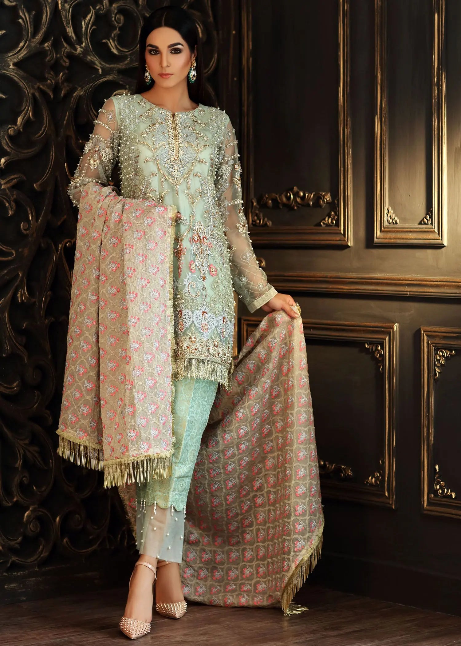 Pakistani Sea Green Zardozi Net Salwar Kameez (3-Piece) - Image 8