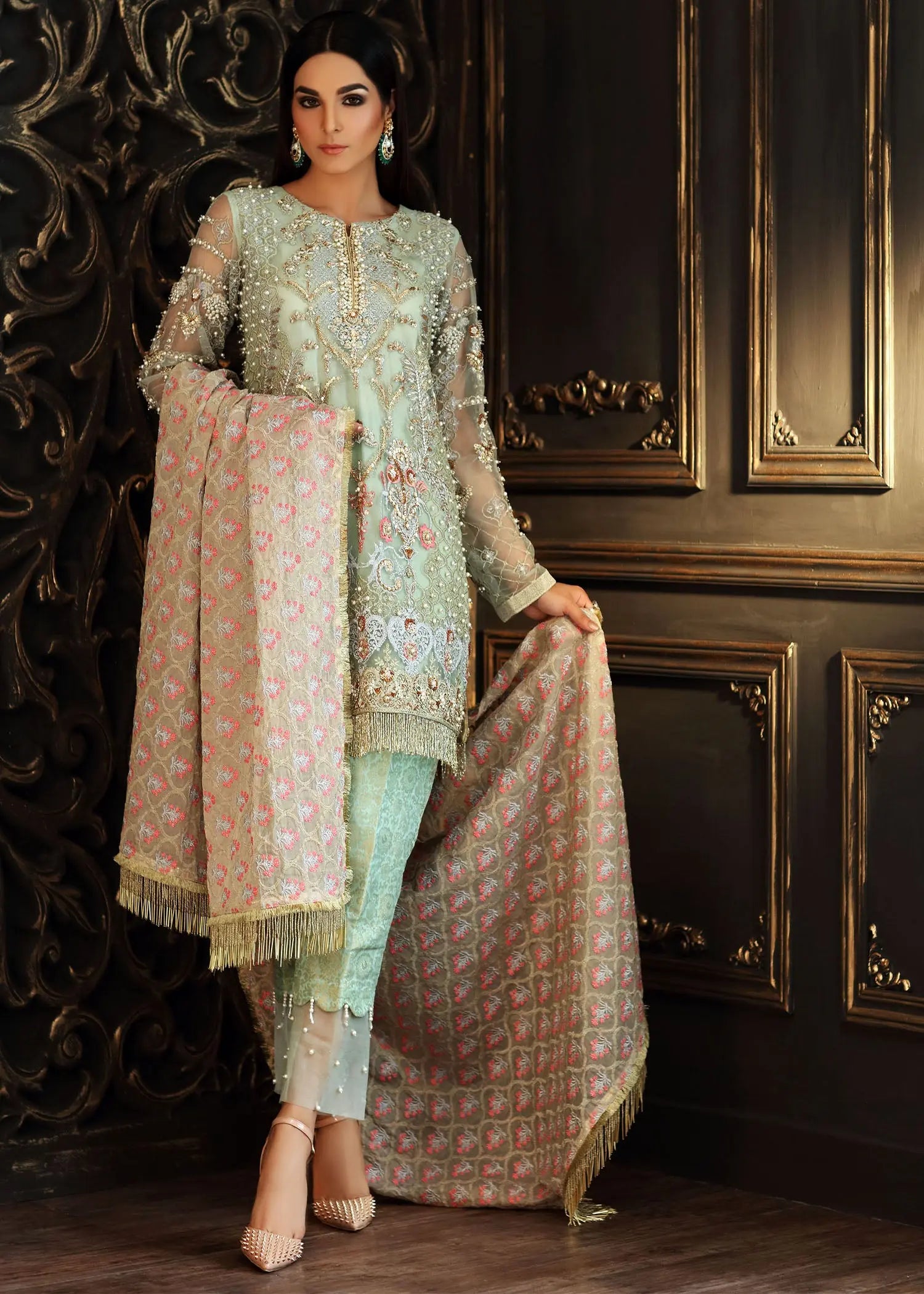 Pakistani Sea Green Zardozi Net Salwar Kameez (3-Piece) - Image 9
