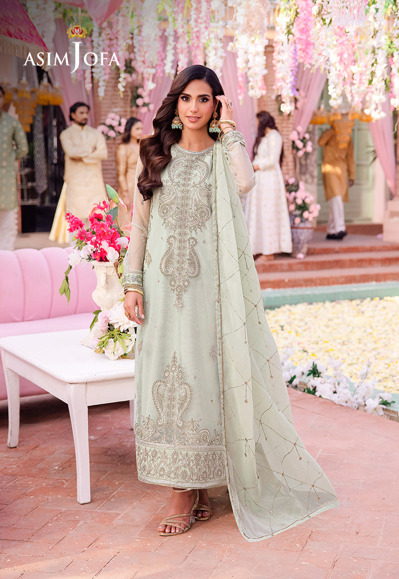 Pakistani Mint Green Embroidered Net 3-Piece Suit - Image 1