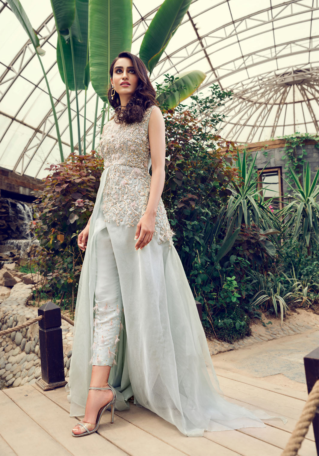 Pistachio Green Embellished Organza Salwar Kameez (2-Piece) - Image 3