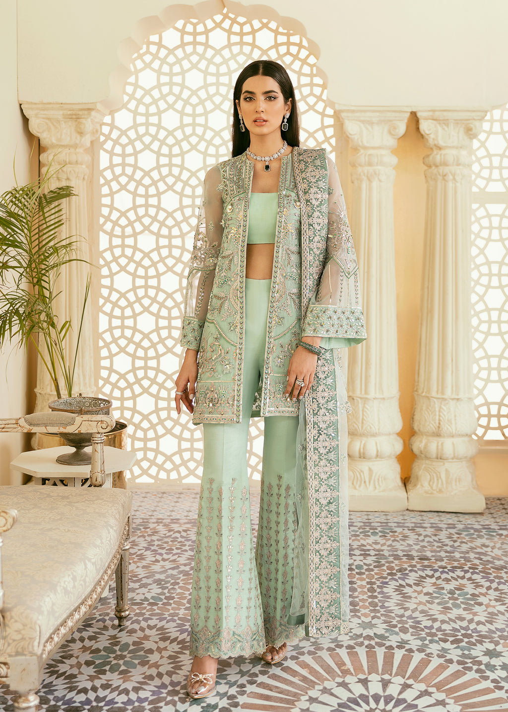 Pakistani Mint Green Hand-Embellished Organza & Net Jacket (3-Piece) - Image 1