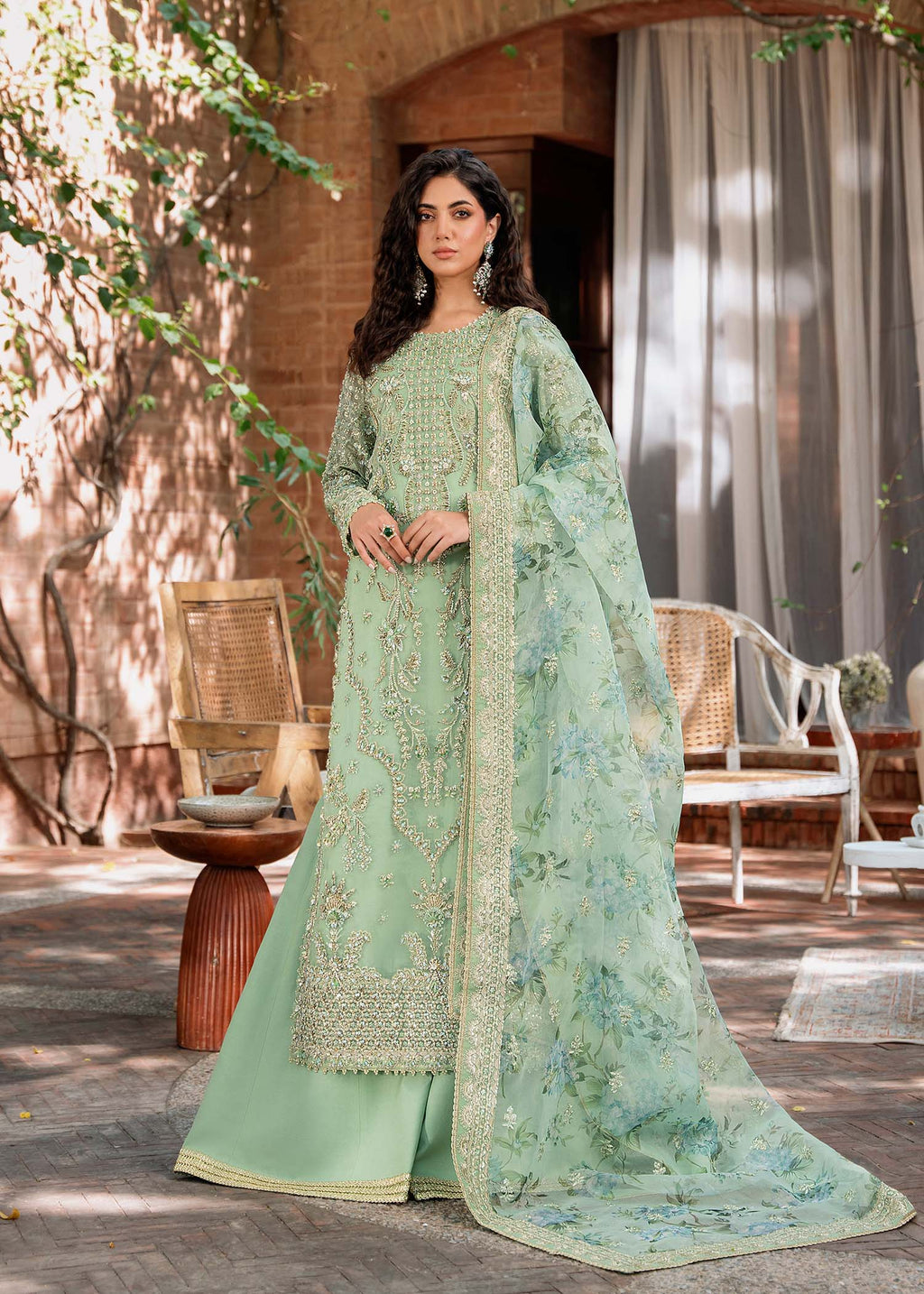 Mint Green Hand-Embellished Organza Salwar Kameez (3-Piece) - Image 1