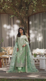 Mint Green Hand-Embellished Organza Salwar Kameez (3-Piece) - Image 9