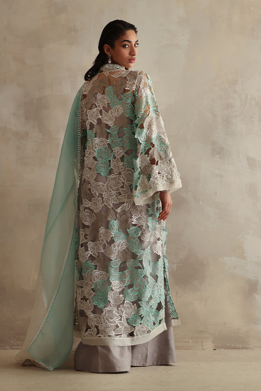 Mint Ivory Embroidered Organza Kurta Set (3-Piece) - Image 3