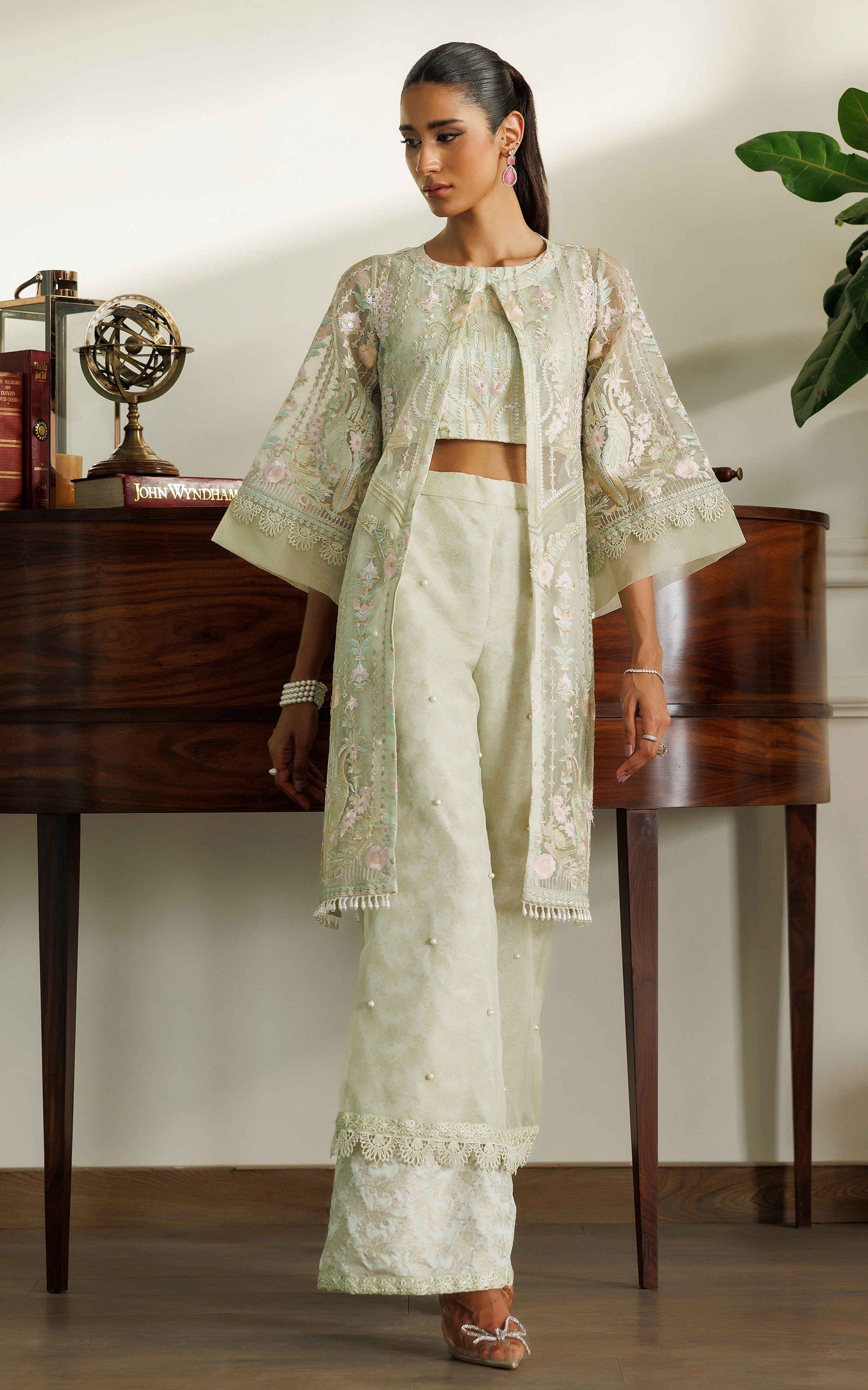 Mint Green Embroidered Organza Jacket with Jamawar Trousers (3-Piece) - Image 1