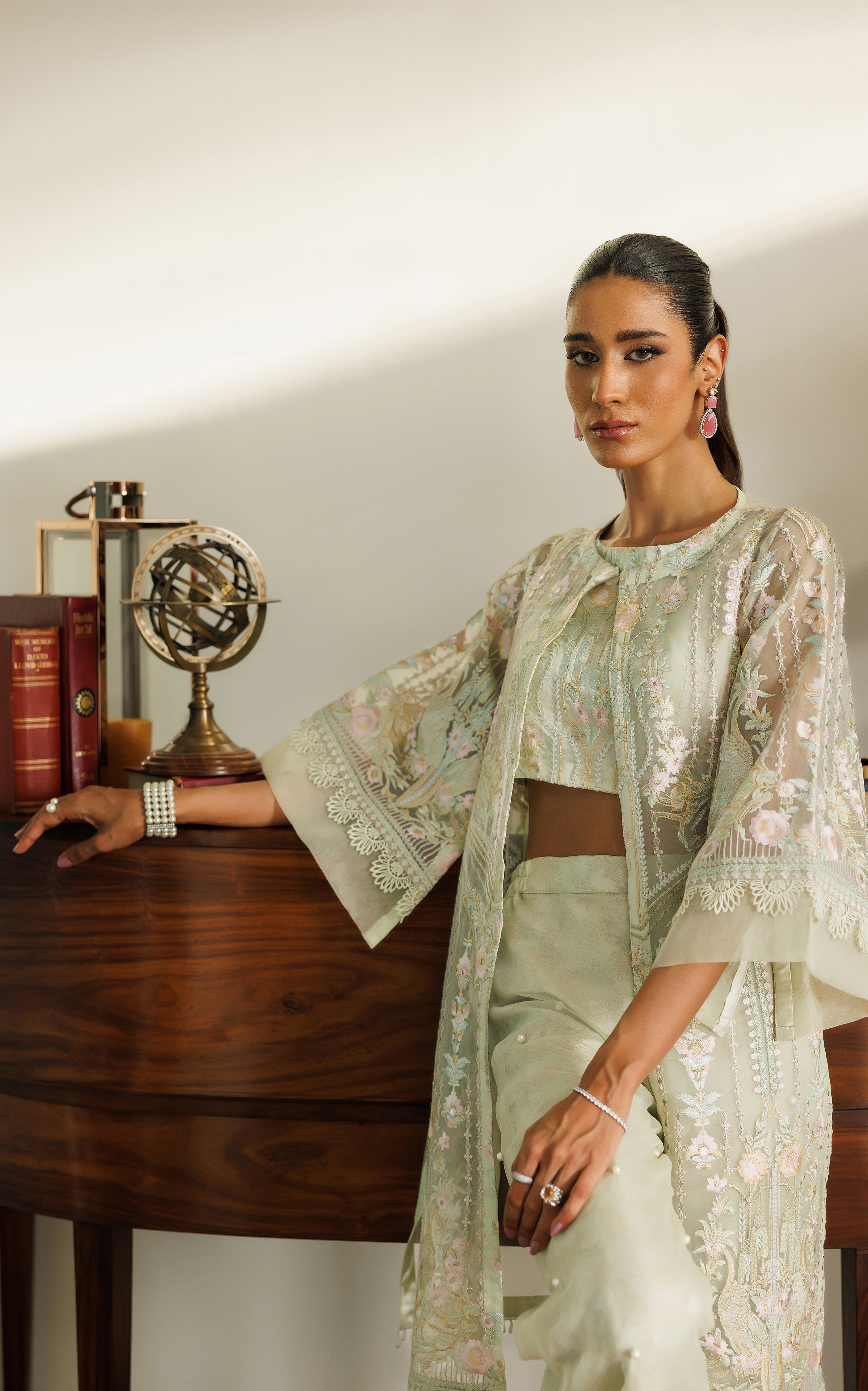 Mint Green Embroidered Organza Jacket with Jamawar Trousers (3-Piece) - Image 2