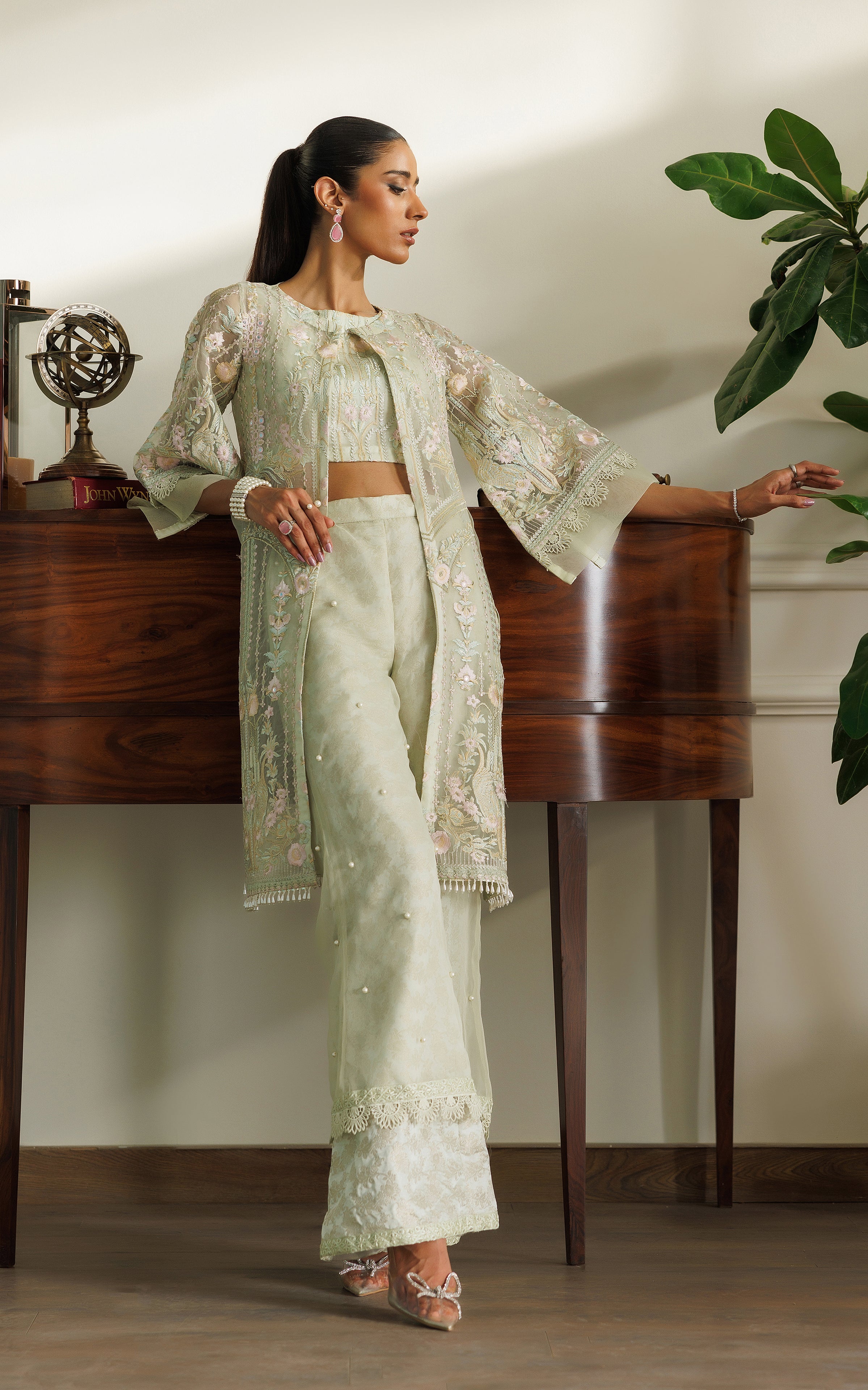 Mint Green Embroidered Organza Jacket with Jamawar Trousers (3-Piece) - Image 3