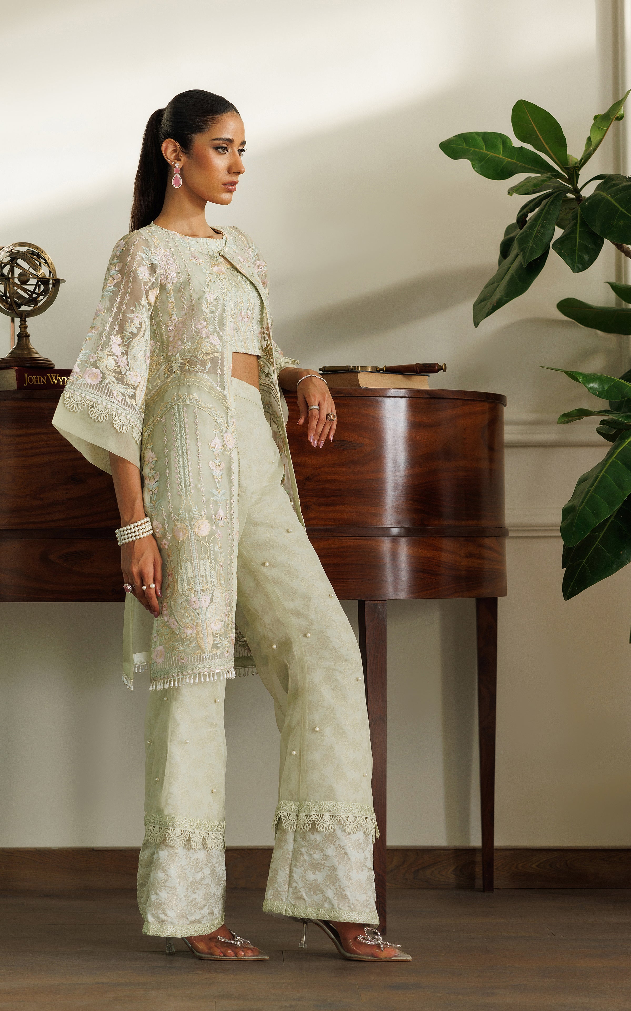 Mint Green Embroidered Organza Jacket with Jamawar Trousers (3-Piece) - Image 4