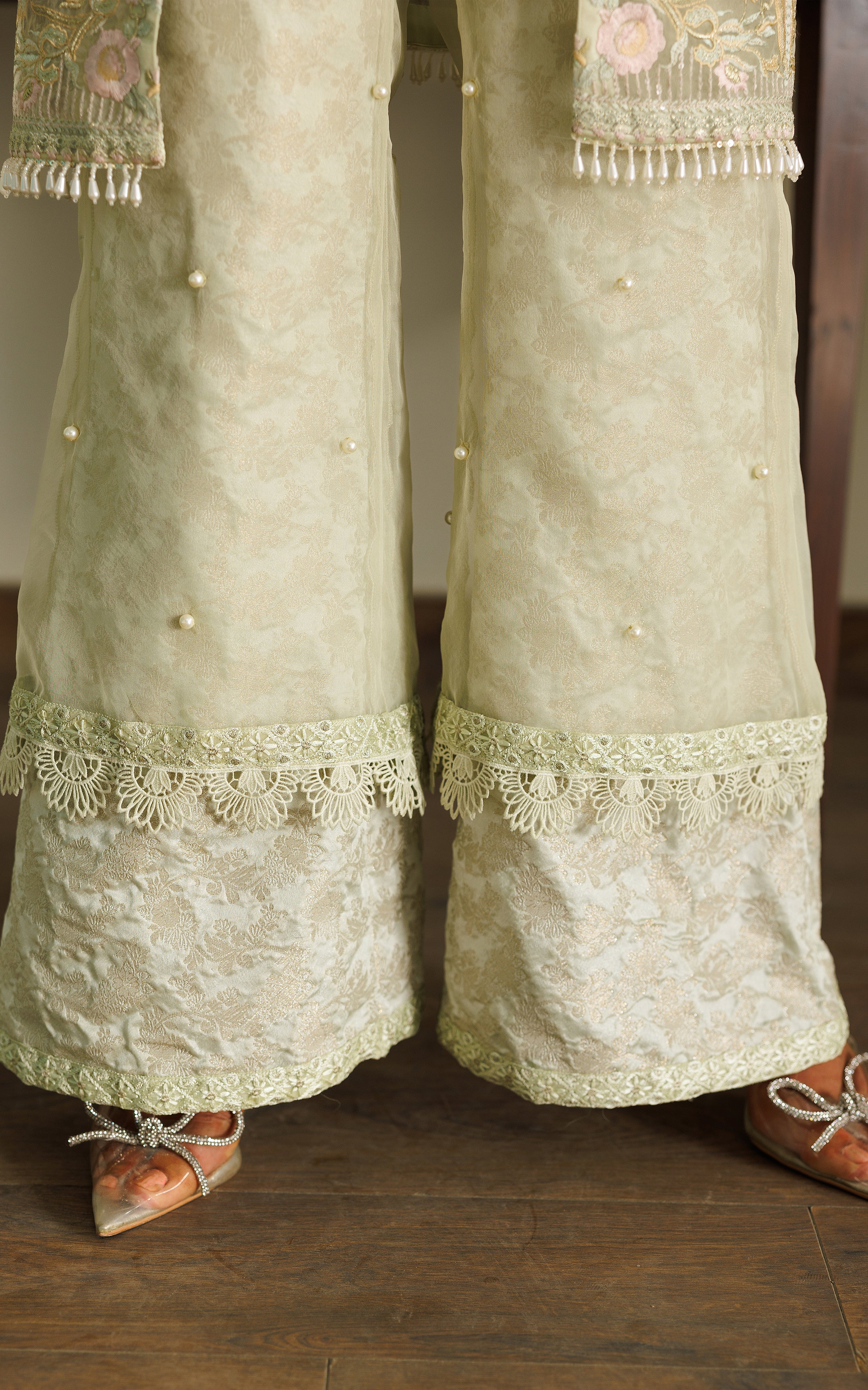 Mint Green Embroidered Organza Jacket with Jamawar Trousers (3-Piece) - Image 5