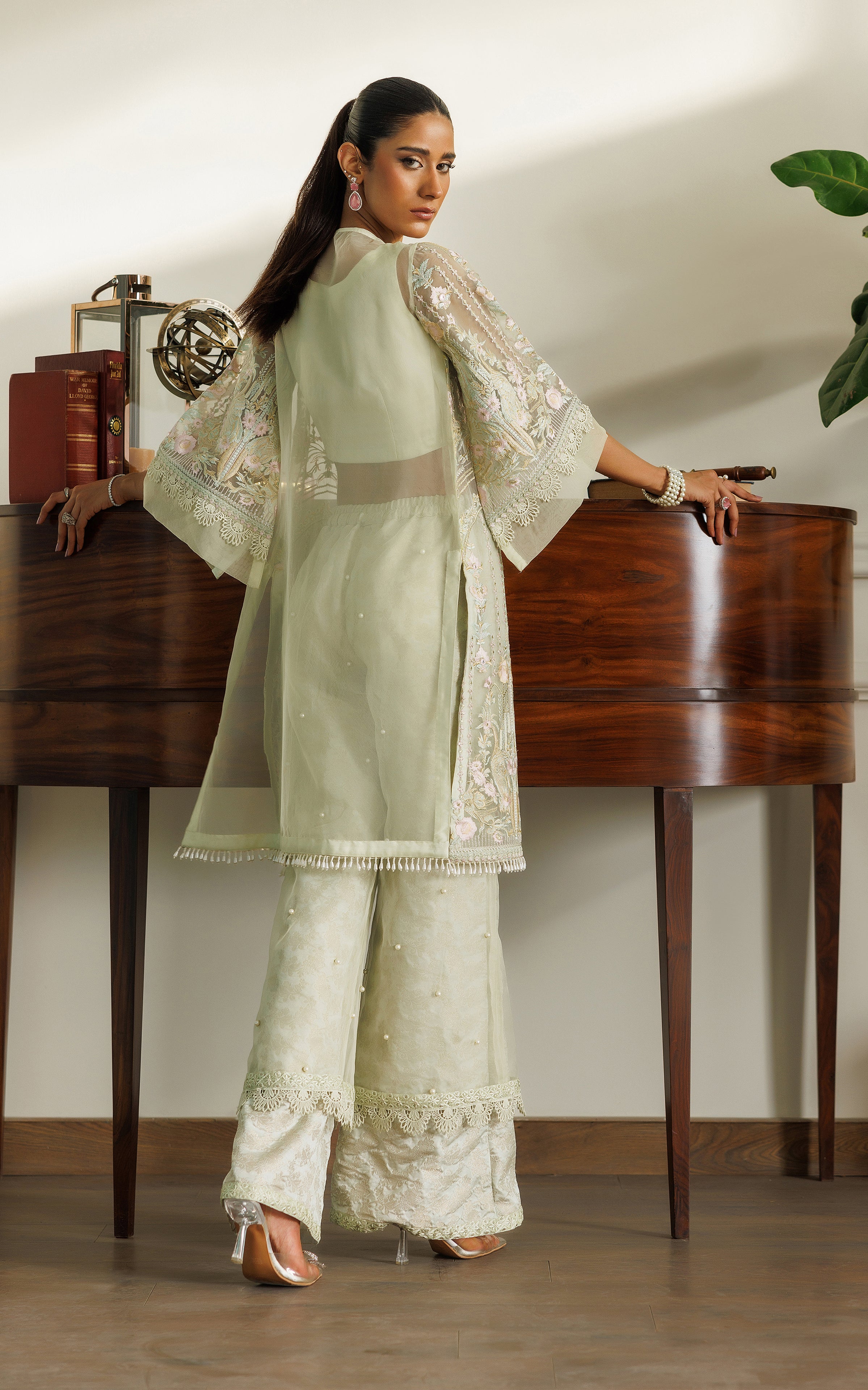 Mint Green Embroidered Organza Jacket with Jamawar Trousers (3-Piece) - Image 7