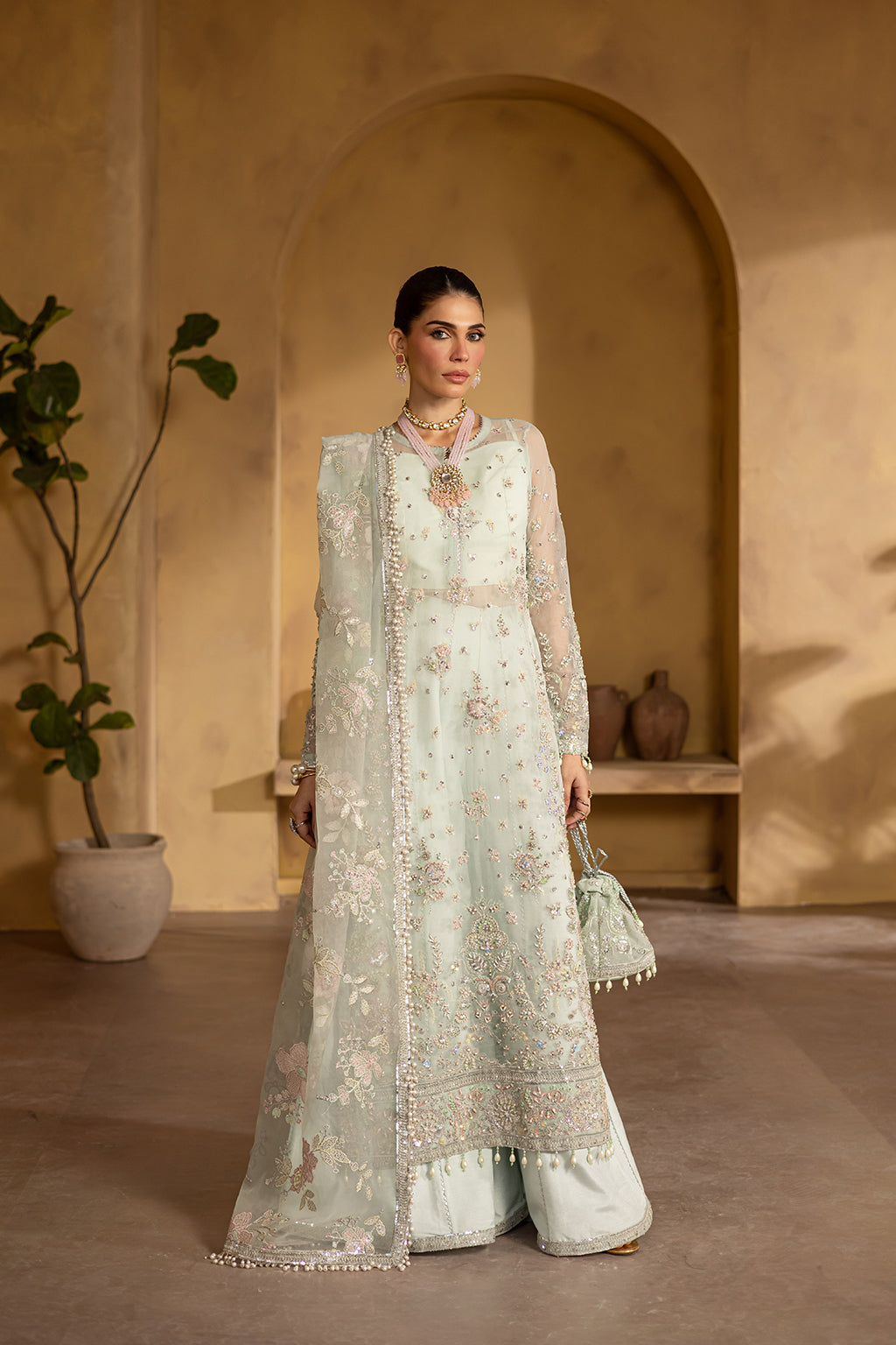 Mint Embroidered Organza & Raw Silk Salwar Kameez (3-Piece) - Image 1