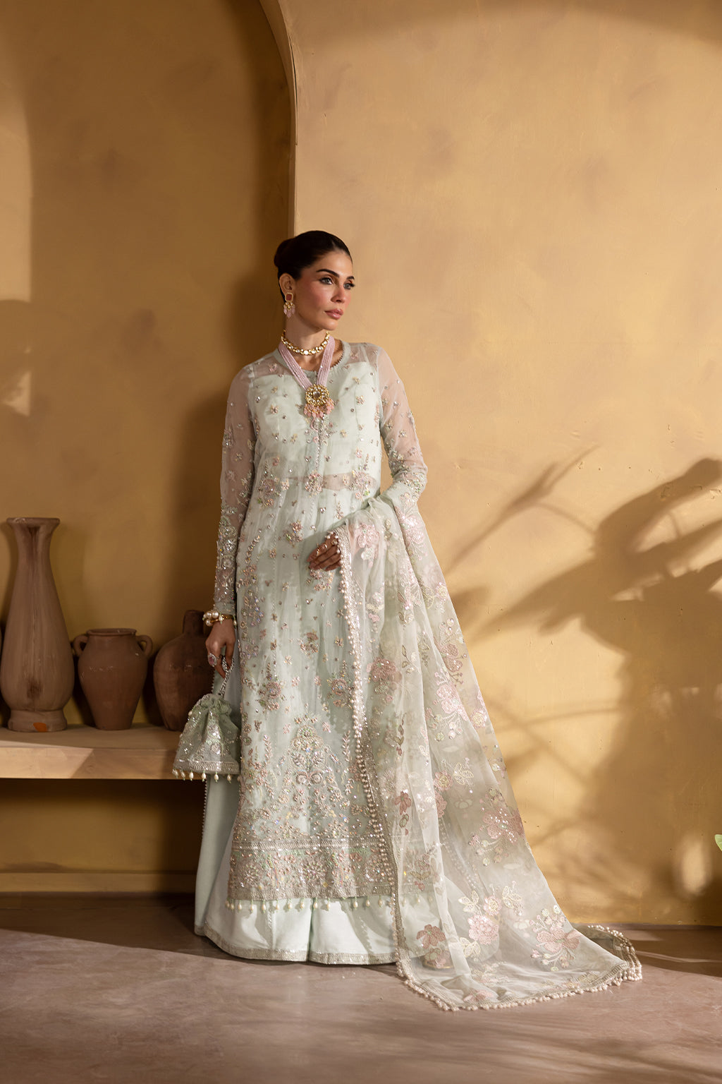 Mint Embroidered Organza & Raw Silk Salwar Kameez (3-Piece) - Image 3