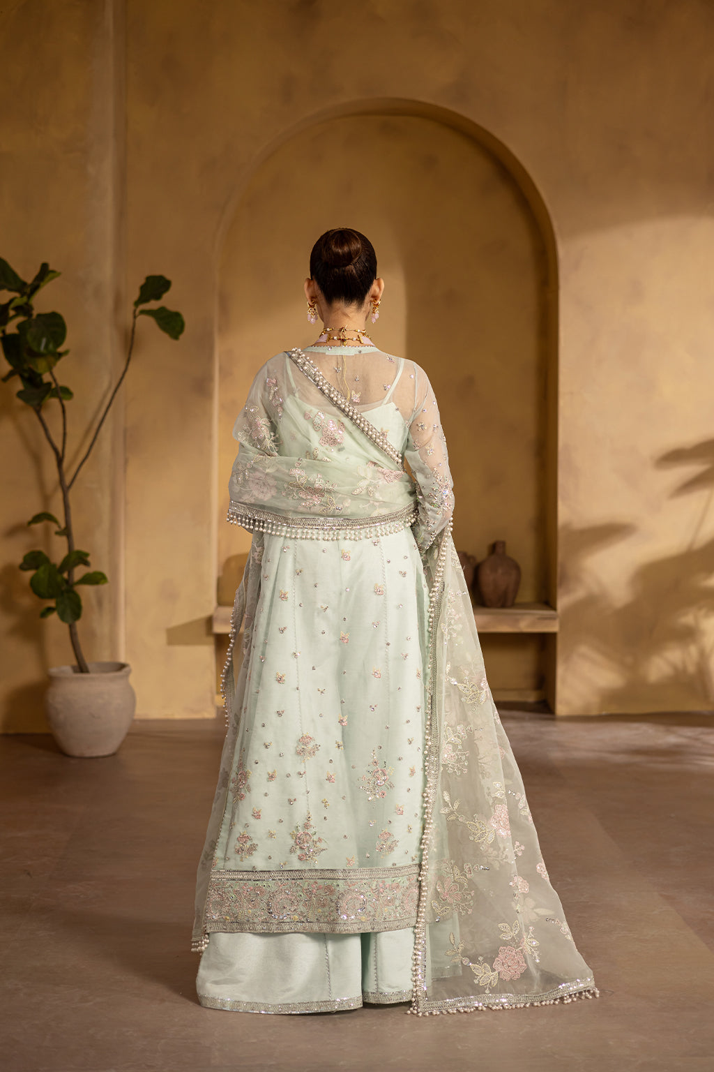 Mint Embroidered Organza & Raw Silk Salwar Kameez (3-Piece) - Image 4