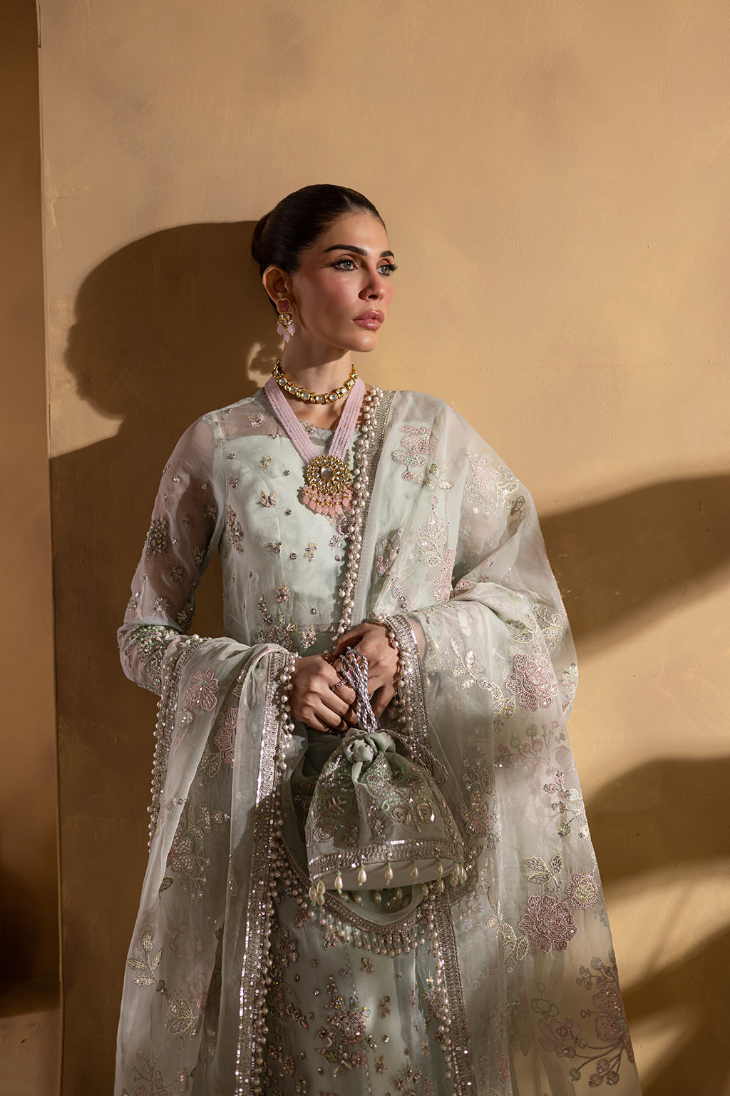 Mint Embroidered Organza & Raw Silk Salwar Kameez (3-Piece) - Image 5