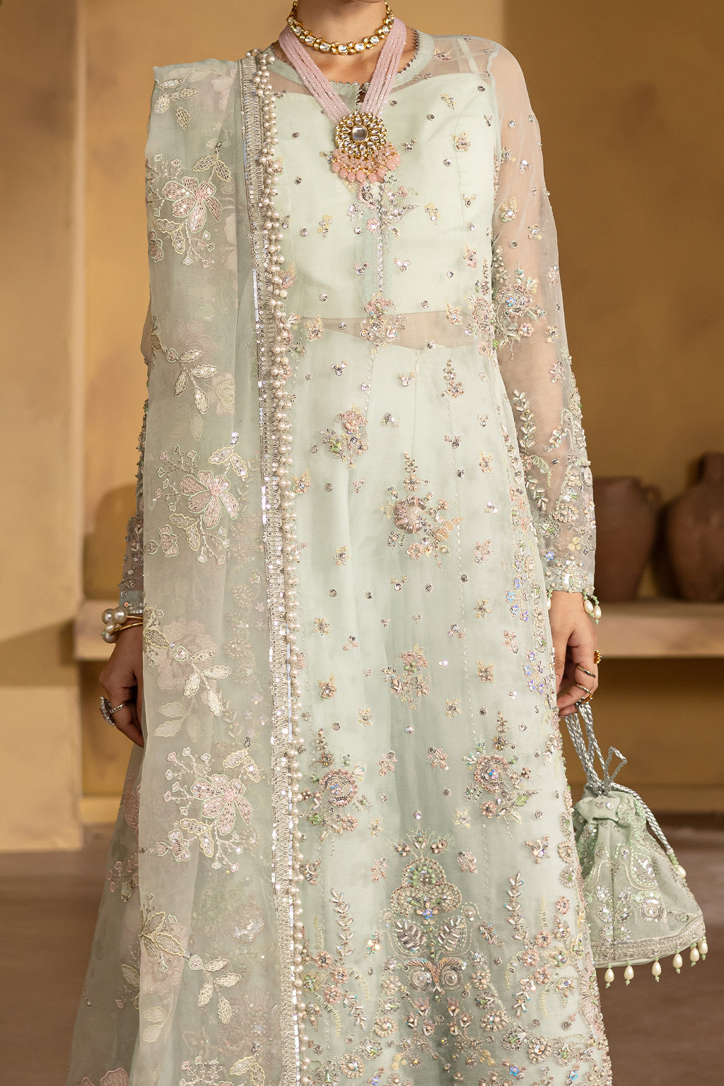 Mint Embroidered Organza & Raw Silk Salwar Kameez (3-Piece) - Image 8