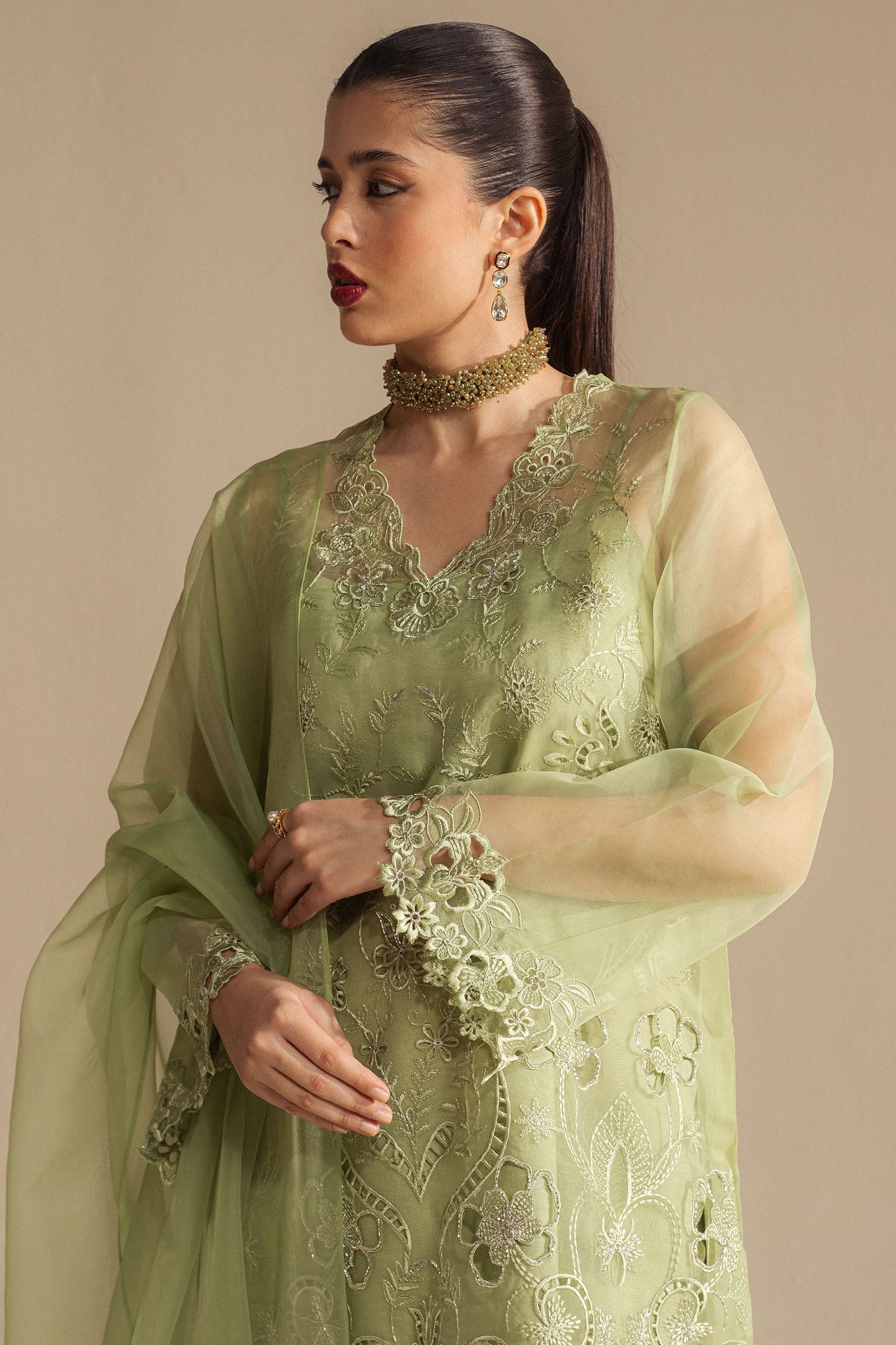 Pakistani Pistachio Green Embroidered Organza Shalwar Kameez (3-Piece) - Image 1