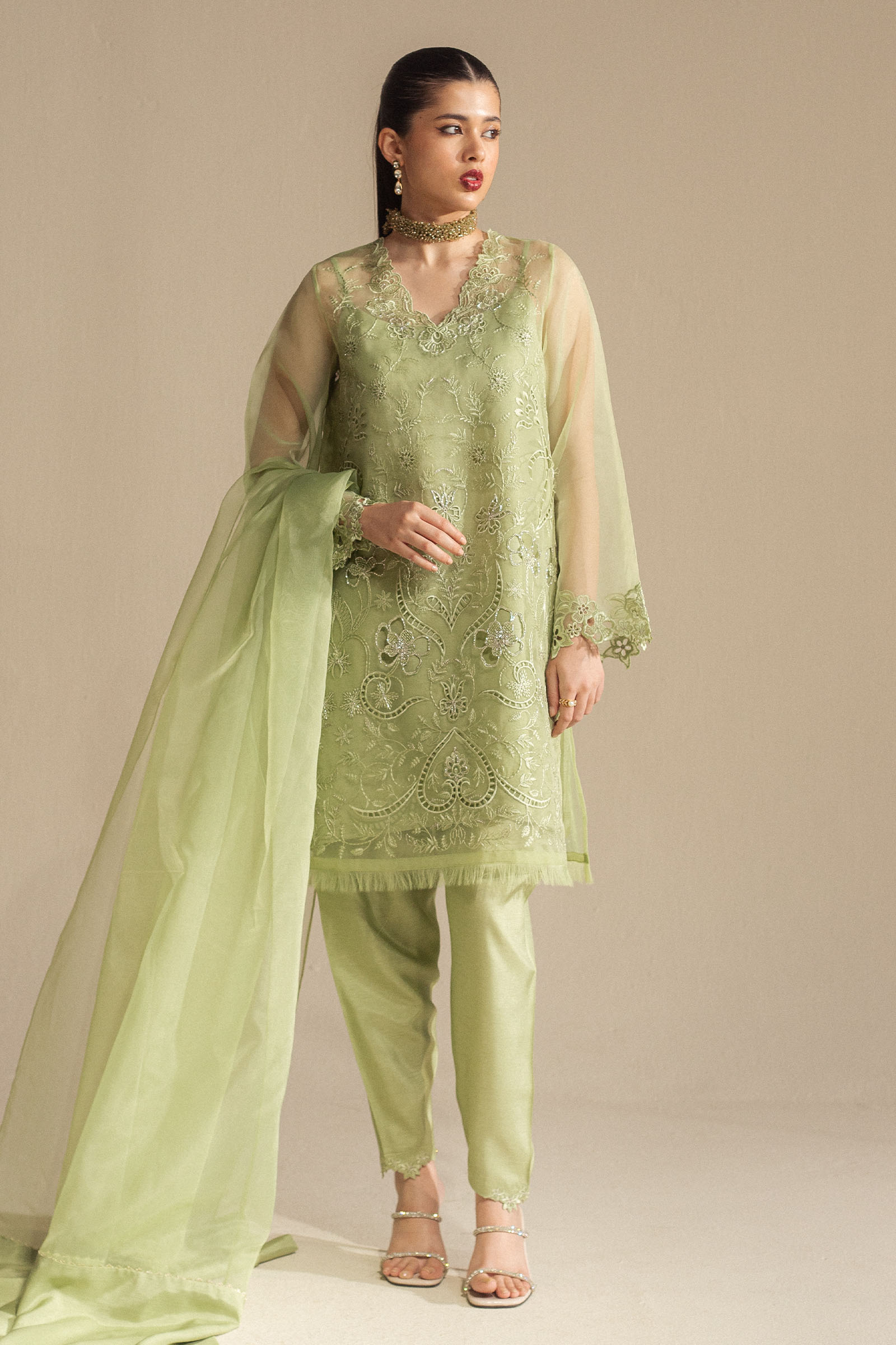Pakistani Pistachio Green Embroidered Organza Shalwar Kameez (3-Piece) - Image 2