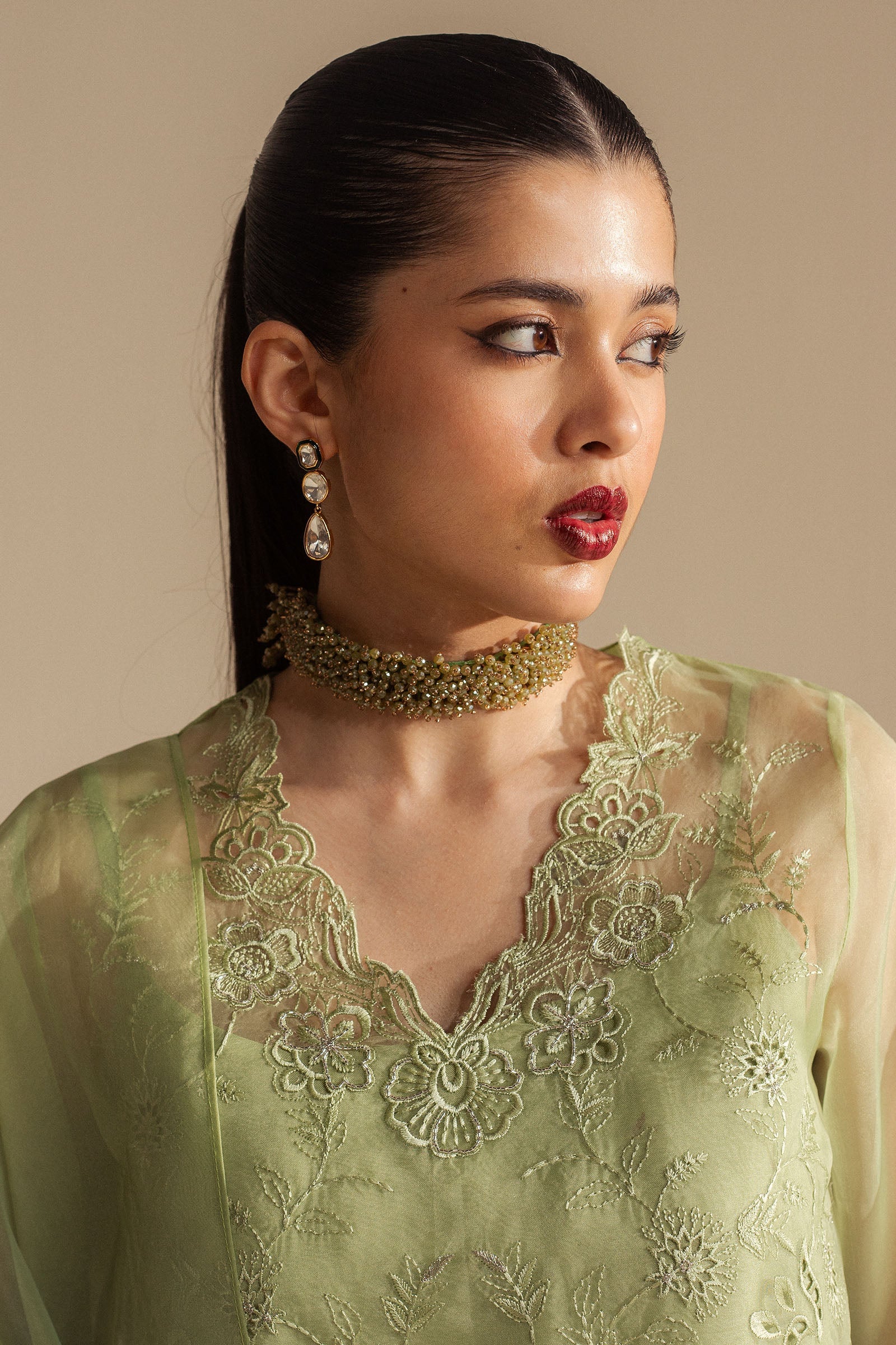 Pakistani Pistachio Green Embroidered Organza Shalwar Kameez (3-Piece) - Image 3