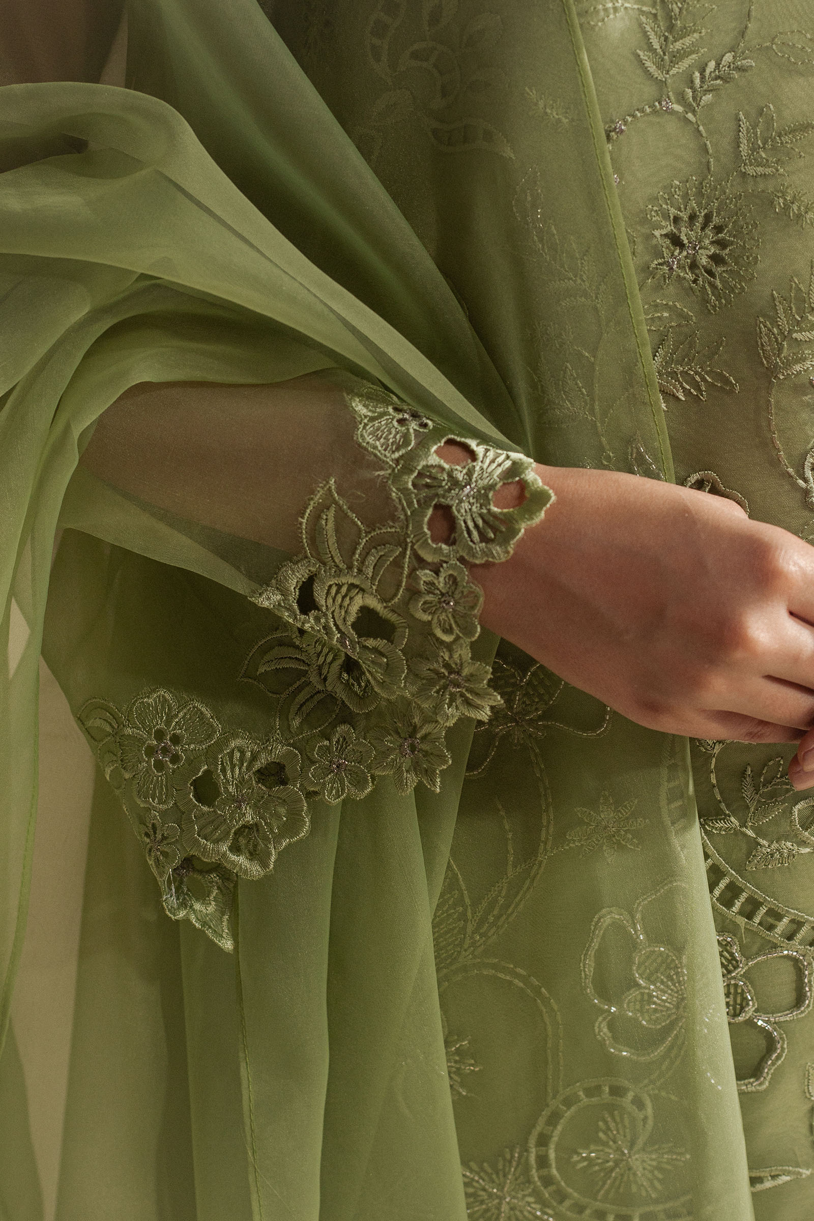 Pakistani Pistachio Green Embroidered Organza Shalwar Kameez (3-Piece) - Image 4