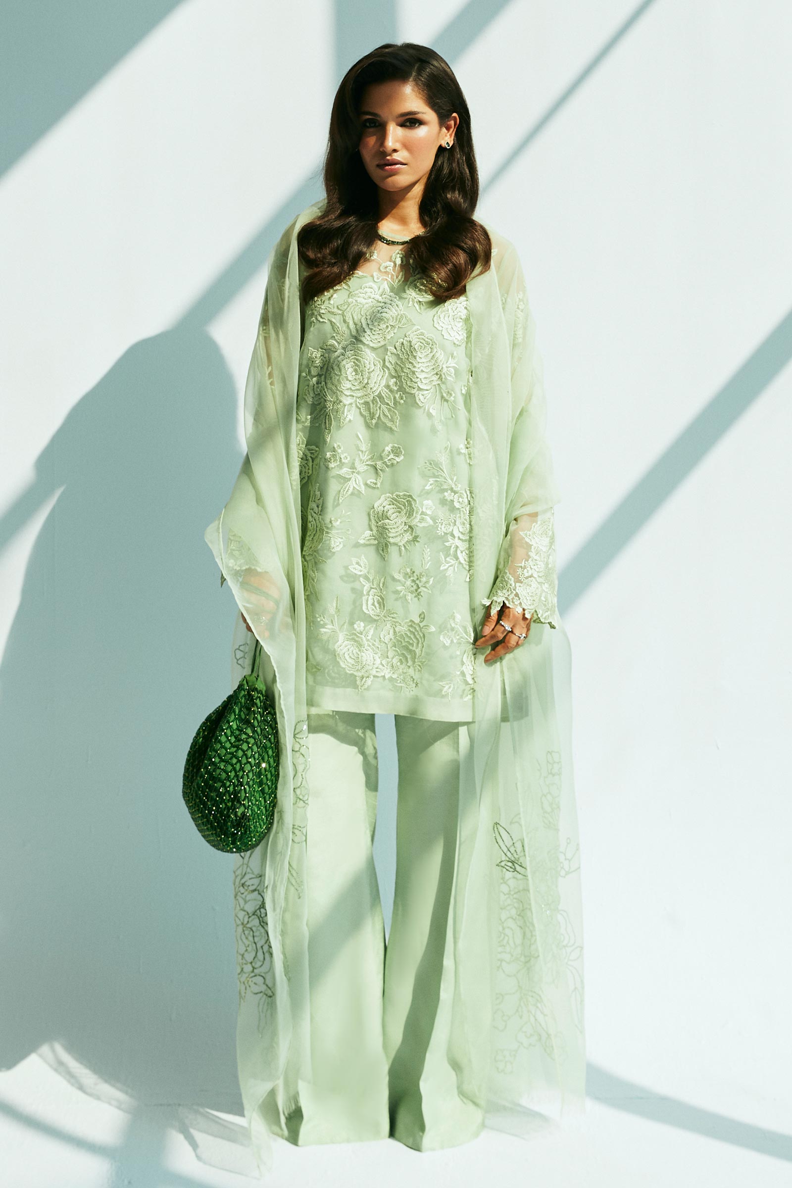 Pakistani Mint Green Embroidered Organza & Raw Silk Suit (3-Piece) - Image 1