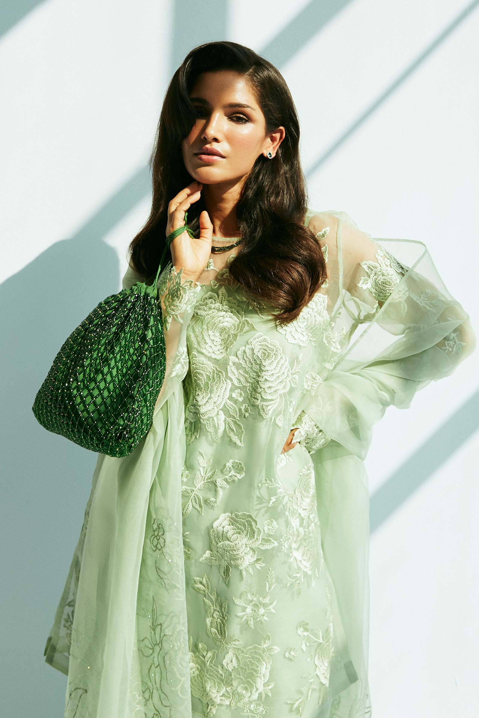 Pakistani Mint Green Embroidered Organza & Raw Silk Suit (3-Piece) - Image 2