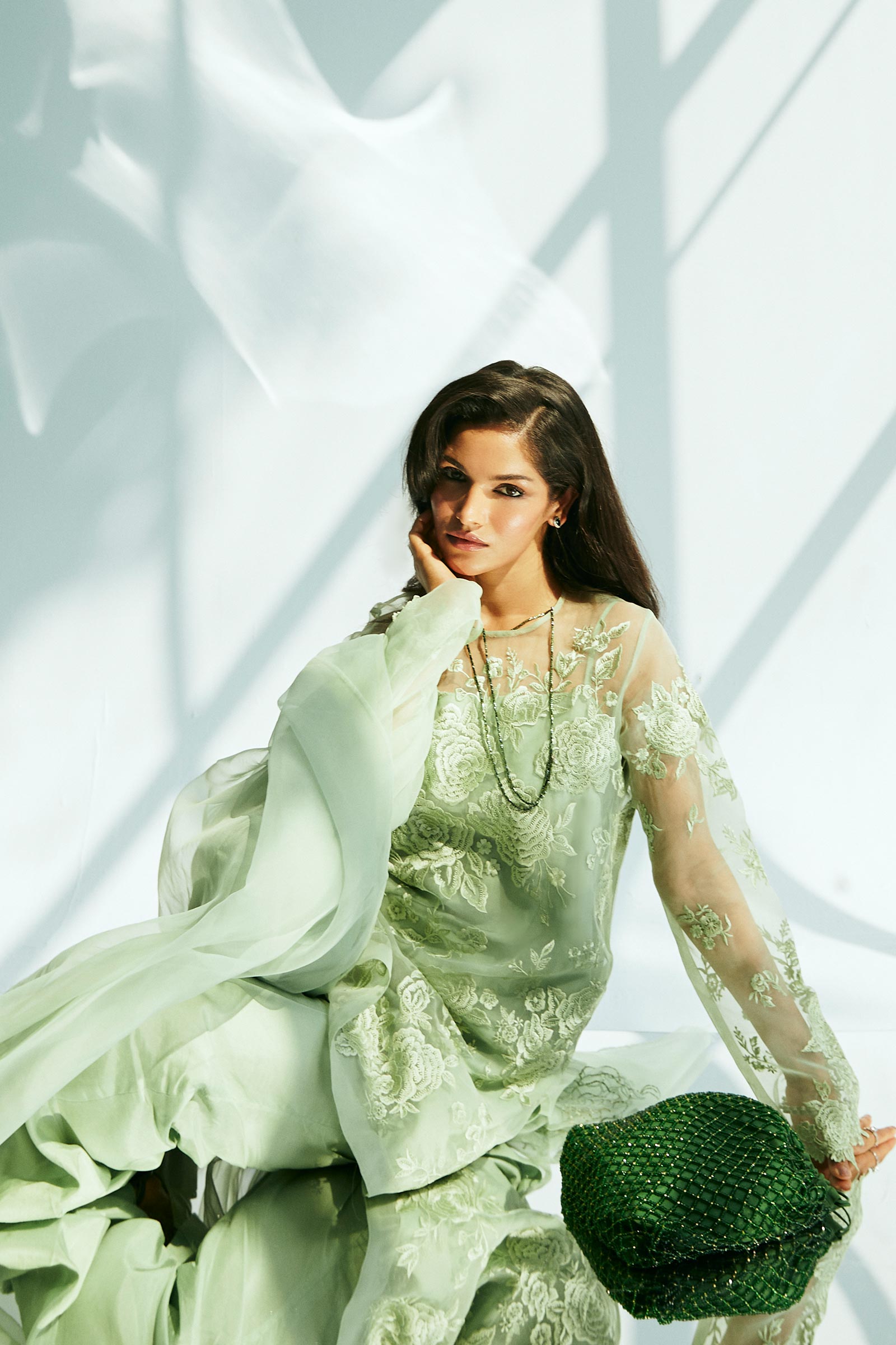 Pakistani Mint Green Embroidered Organza & Raw Silk Suit (3-Piece) - Image 3