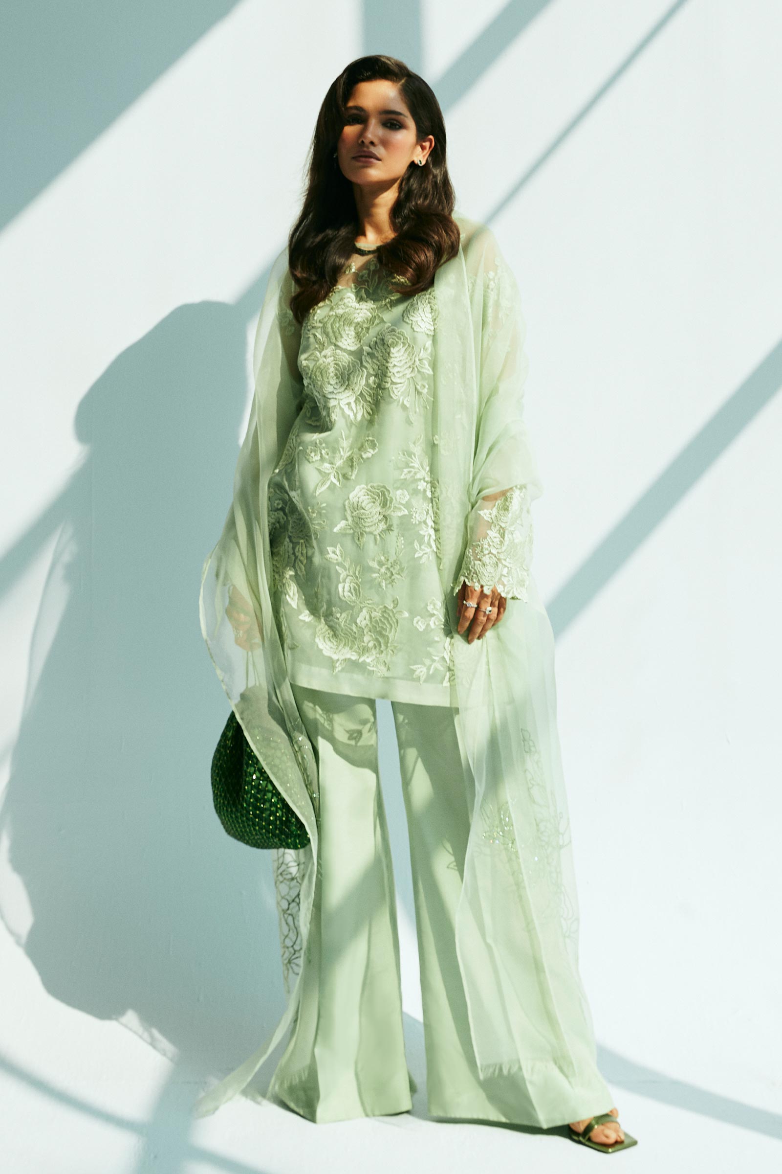 Pakistani Mint Green Embroidered Organza & Raw Silk Suit (3-Piece) - Image 4