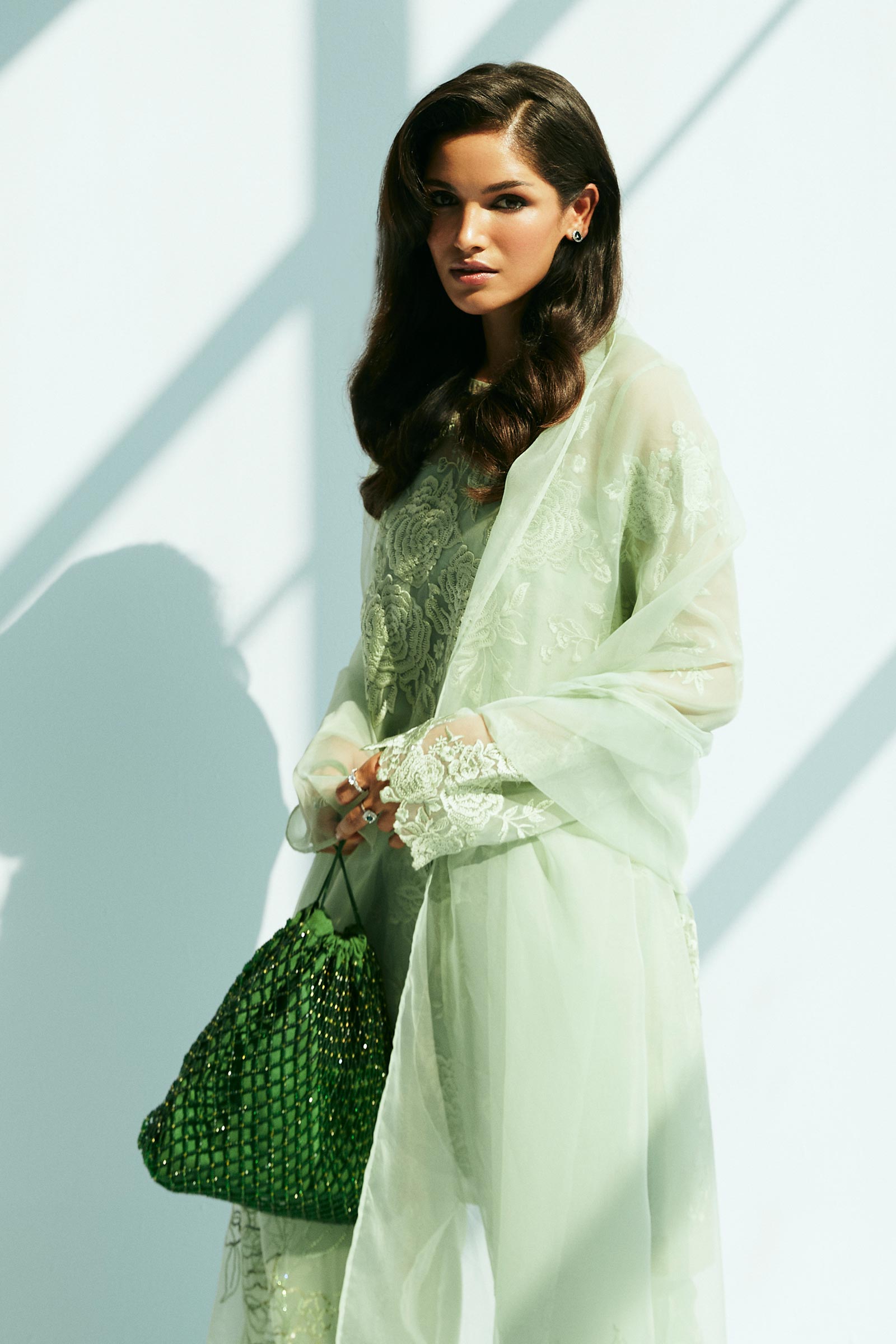 Pakistani Mint Green Embroidered Organza & Raw Silk Suit (3-Piece) - Image 5