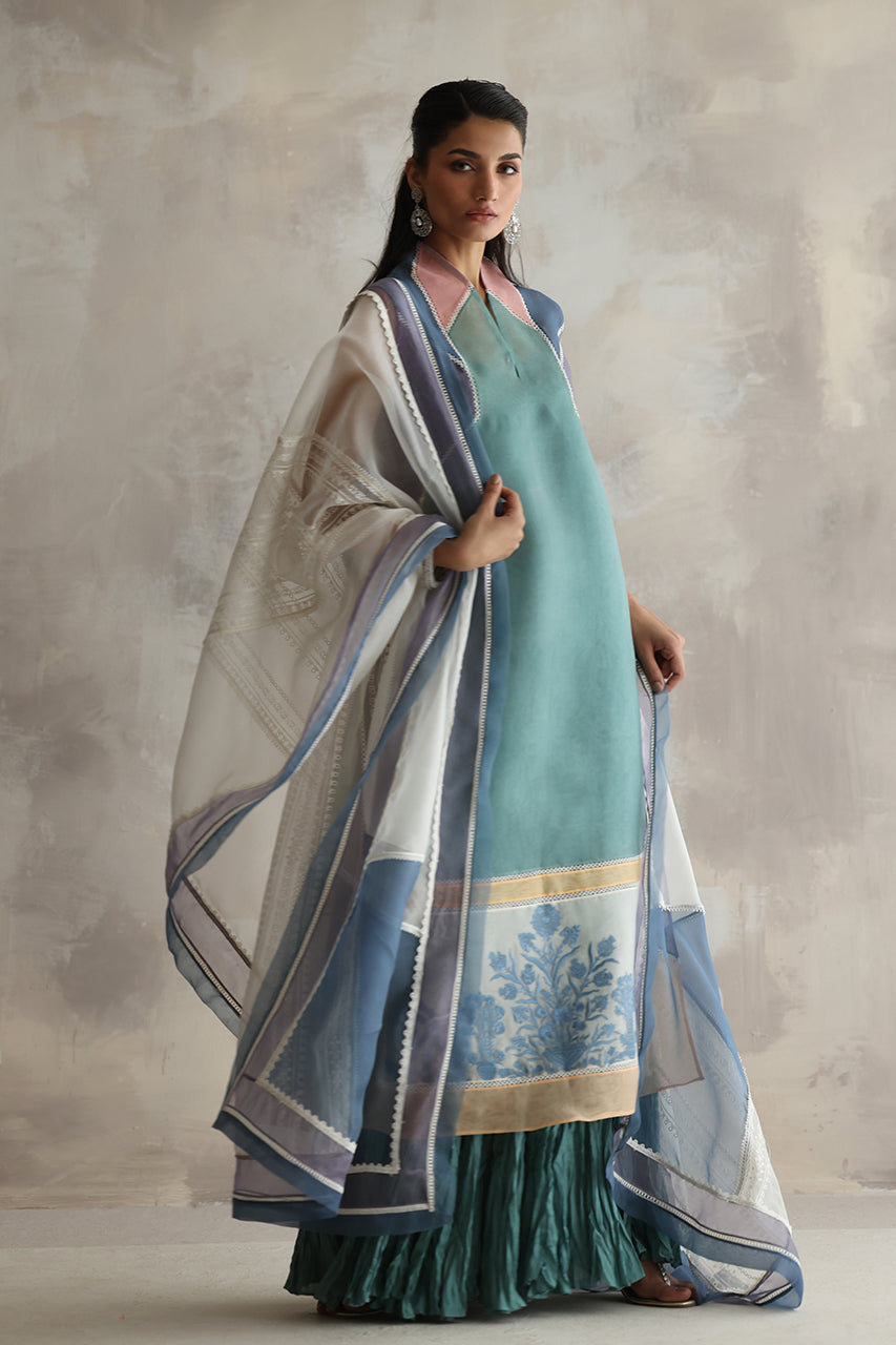 Sage Embroidered Organza & Khaddi Silk Kurta Set (3-Piece) - Image 1