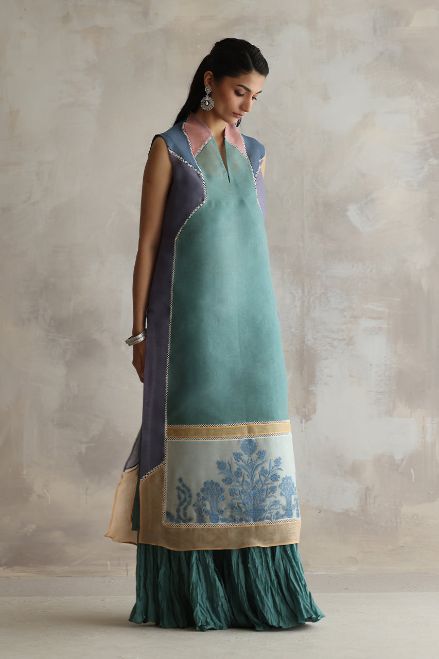 Sage Embroidered Organza & Khaddi Silk Kurta Set (3-Piece) - Image 2
