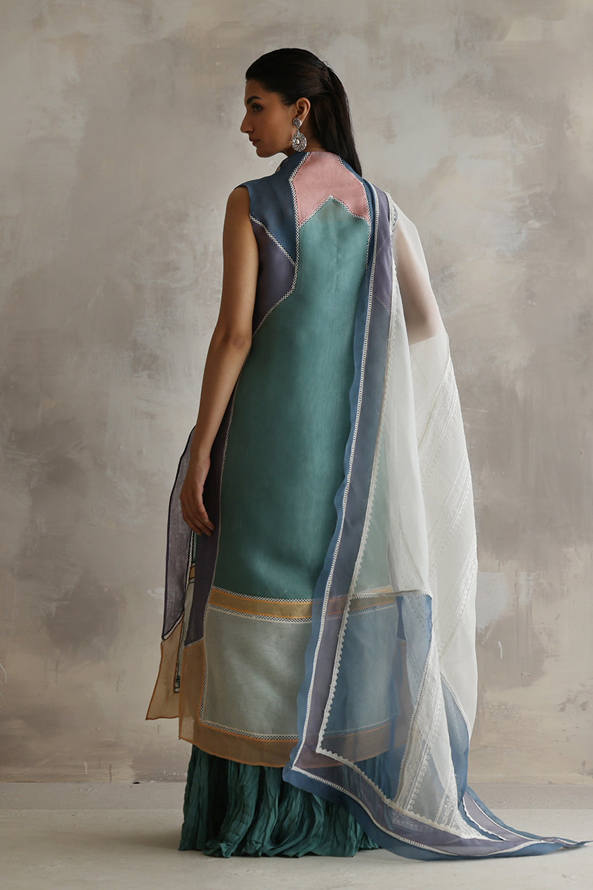 Sage Embroidered Organza & Khaddi Silk Kurta Set (3-Piece) - Image 3