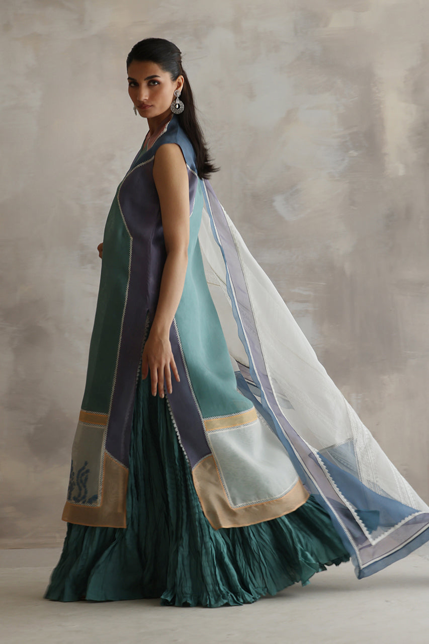 Sage Embroidered Organza & Khaddi Silk Kurta Set (3-Piece) - Image 4